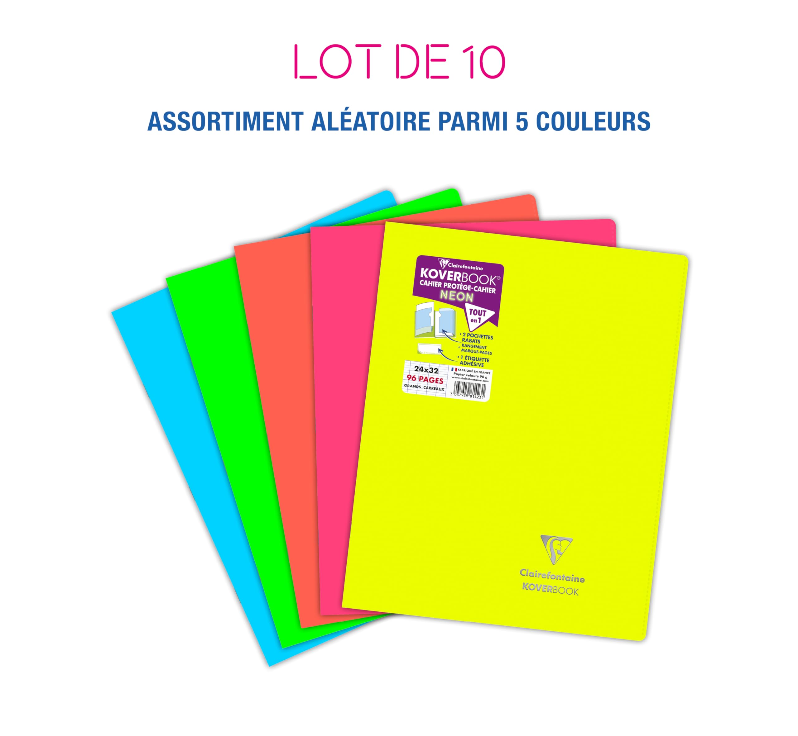 Clairefontaine 981423Cpack Lot 10 Cahiers Agrafés Koverbook Neon - 24x32