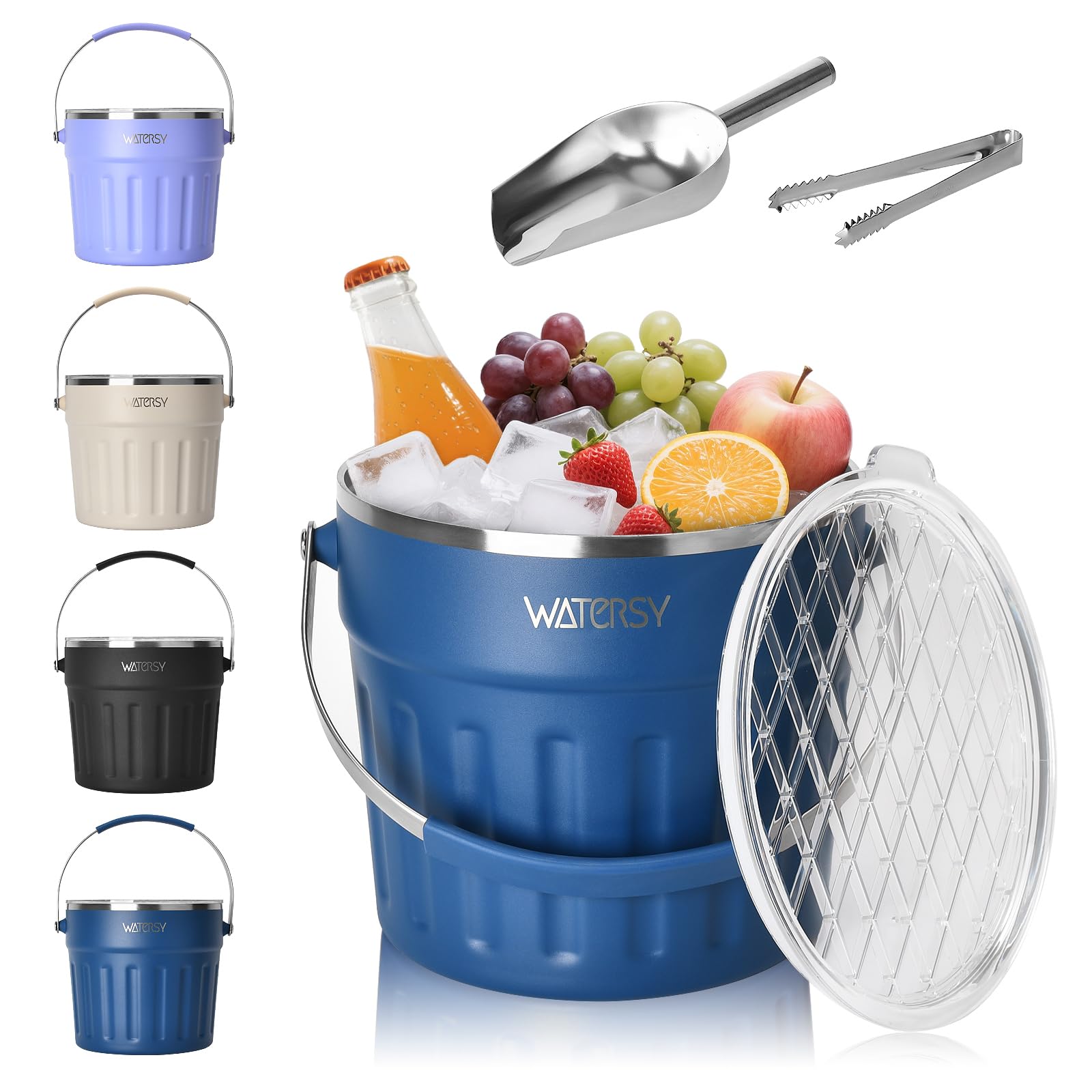 WATERSY Seau à Glace en Acier Inoxydable 7,6 l, avec Couvercle, Poignée, Pince à Glace et Pelle, Isolation à Double Paroi, Refroidissement Longue Durée, pour Cocktail, Whisky, Vin, Bière, Bar