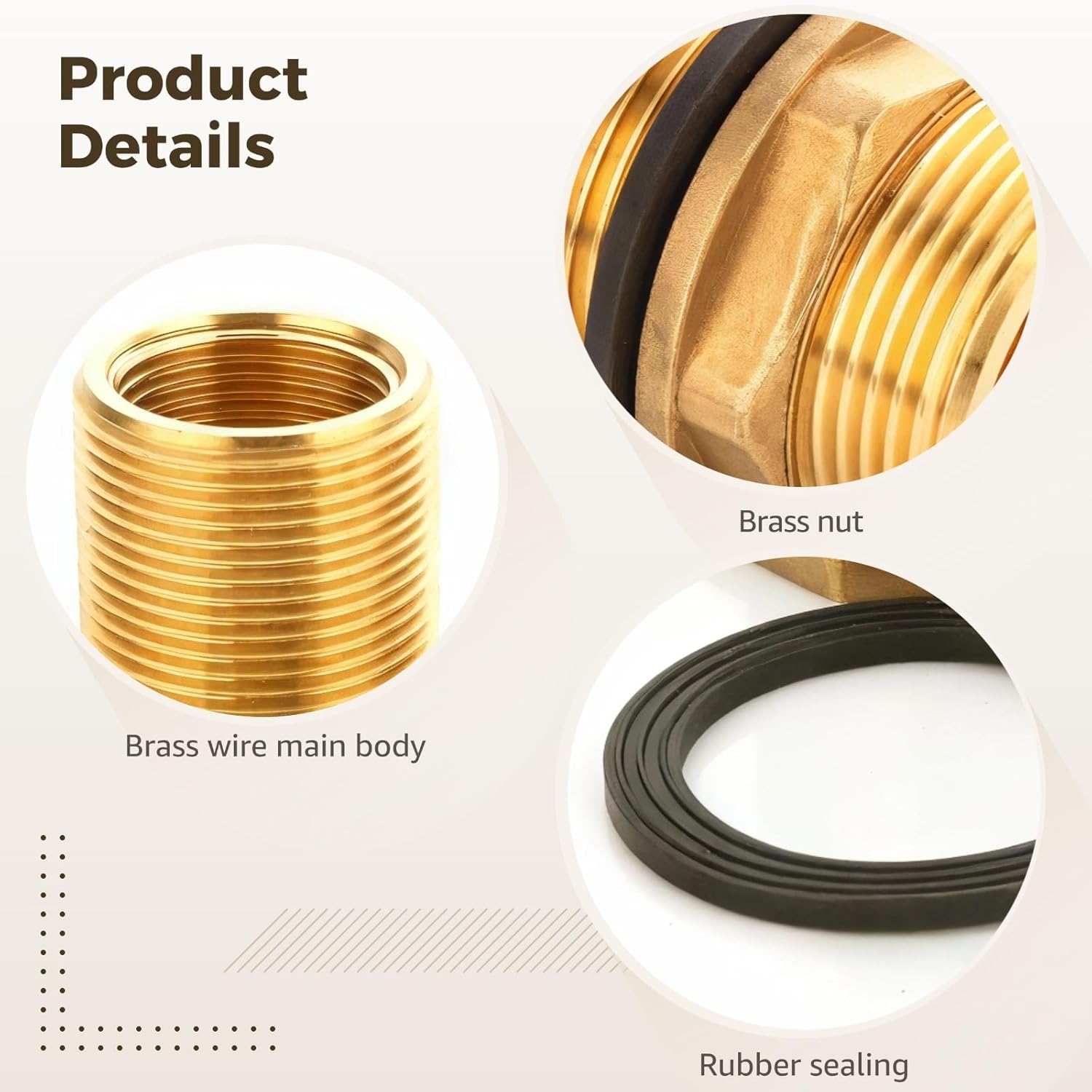 4 Pcs Brass Bulkhead Fittings, 1/2" Inner Thread 3/4" Outer Thread, Long-Lasting Copper Material, Garden Hose Fittings with Rubber Washers, Leak-proof, Easy Installation