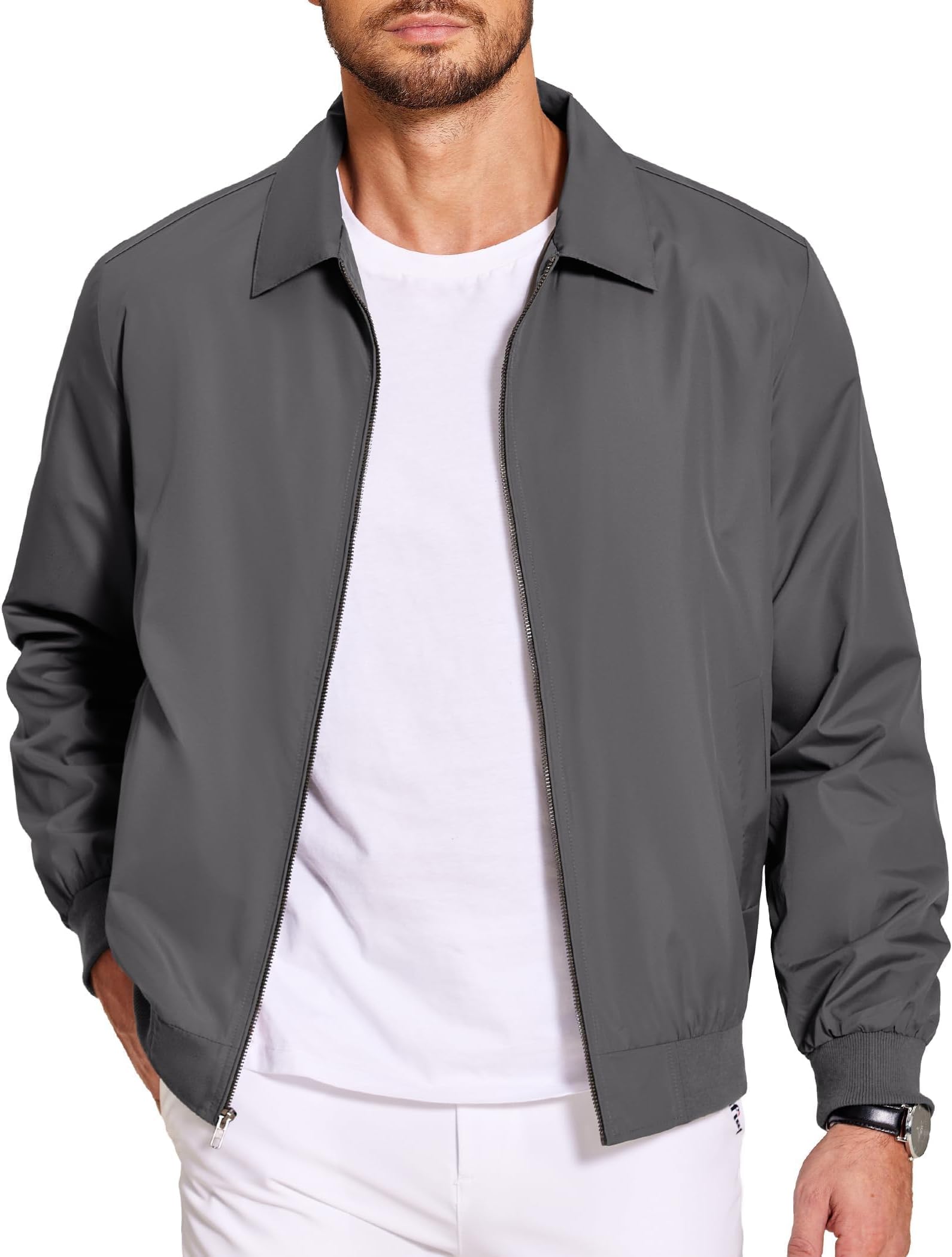Men's Lightweight Jackets Casual Bomber Windbreaker Zip Up Collared Jacket Golf Windproof Coat