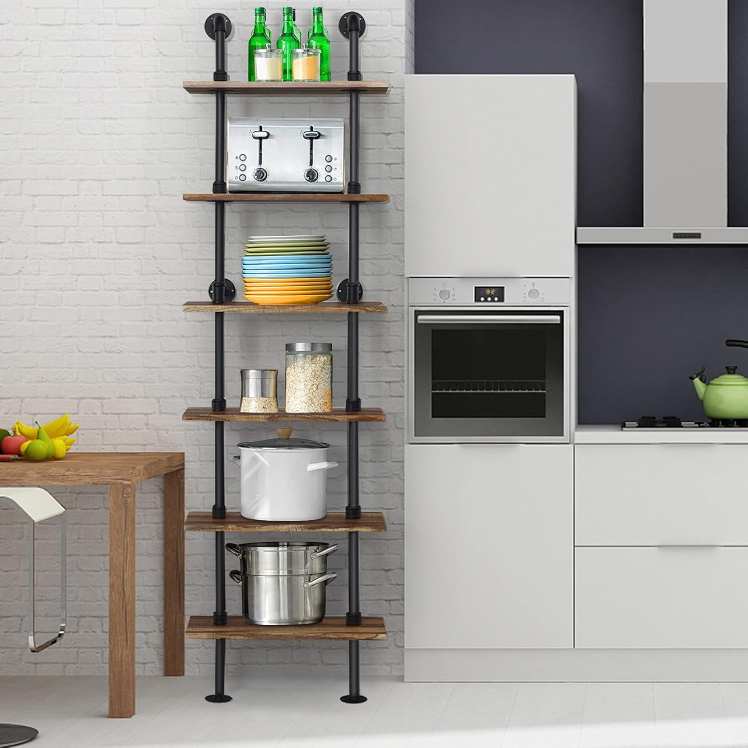 Hysache 6-Tier Pipe Shelves, 82 inch Wall-Mounted Bookshelf with Sturdy Metal Frame, Multiple Storage, Industrial Pipe Bookcase, Ladder Shelf for Office, Bedroom, Living Room, Coffee (HW61323)