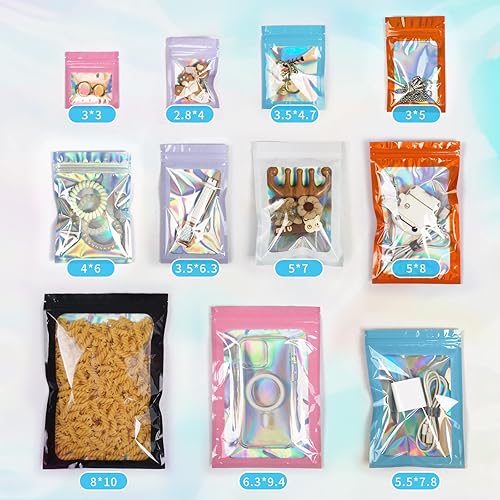 Miniatura 5 de Paquete de 100 bolsas de mylar holográficas a prueba de olores para pequeñas empresas, bolsas resellables con cierre sellable, muestras de joyas,