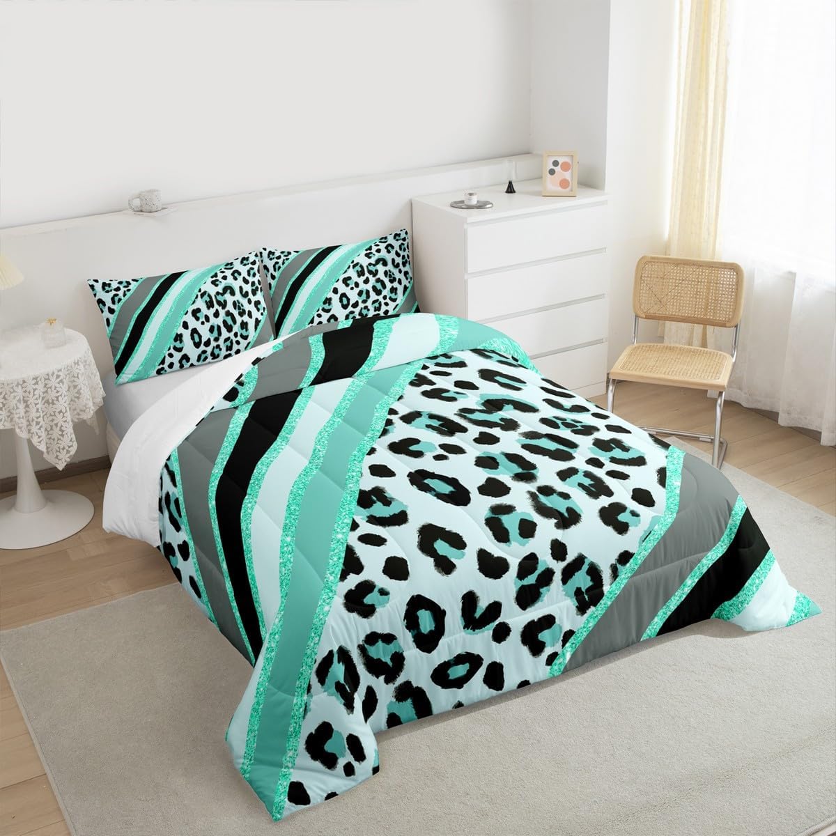 Abstract Leopard Kids Comforter Set Full Size,Cheetah Skin Wild Animals Bedding Set,Girls Boys Women Room Decor,Geometric Stripes Fashion Down Comforter,Teal Romantic Duvet Insert,2 Pillowcases