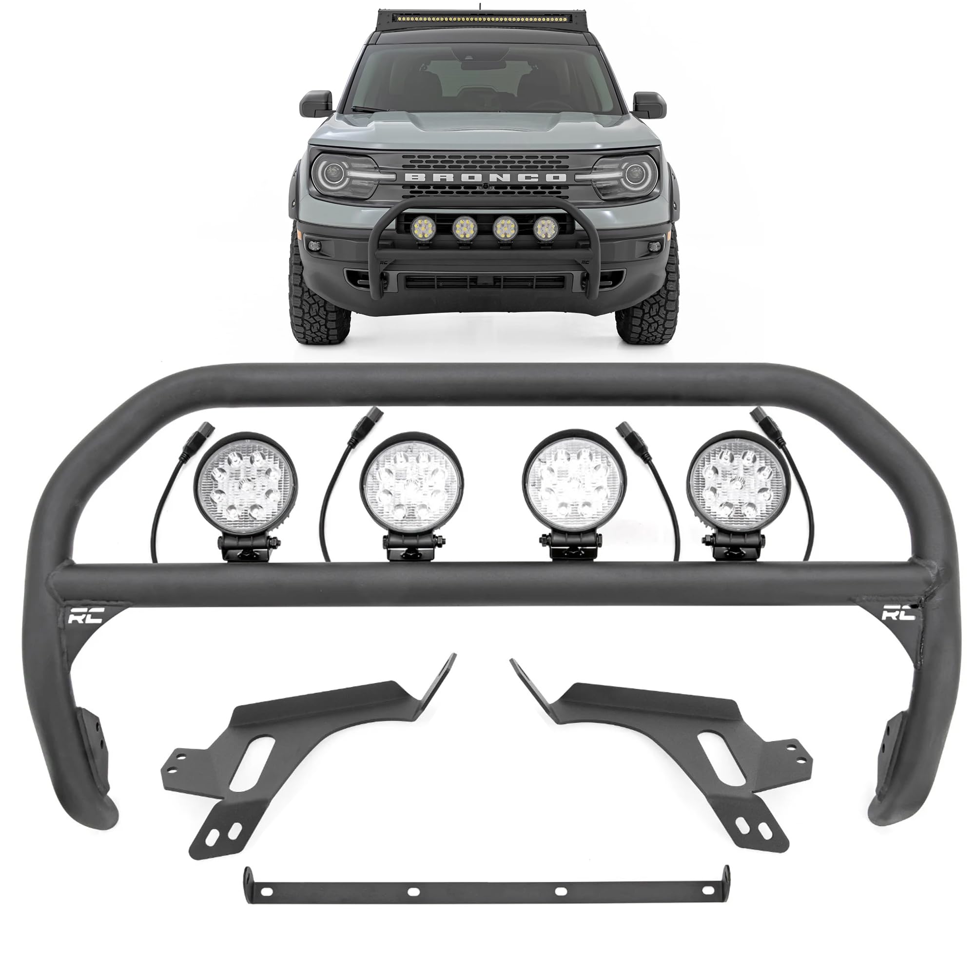 Rough Country 2" Bull Bar for Bronco Sport Badlands (2021-2024) w/Quad 4" Round LED Lights - 8,640 Lumens Spot Beam Lighting