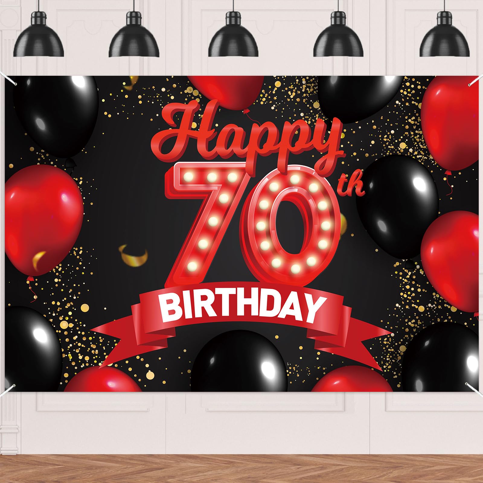 Happy 70th Birthday Red and Black Banner Backdrop Decorations Balloons Theme Decor for Girls Women Princess 70 Years Old Birthday Party Bday Photo