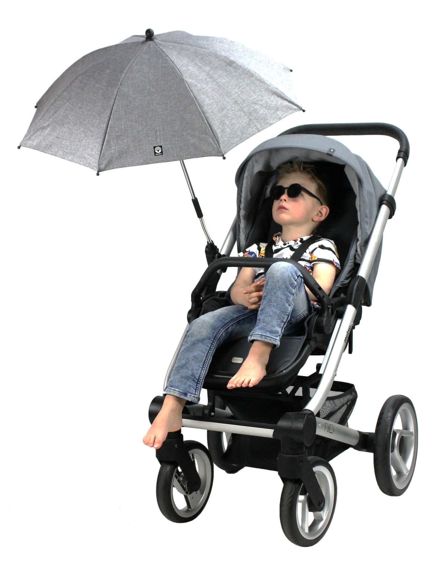 Ombrellone Dooky per carrozzina o passeggino (universale e flessibile, protezione UPF 50+, flessibilità di 180 gradi, tecnologia flex, sistema easyfix, idrorepellente), Grigio