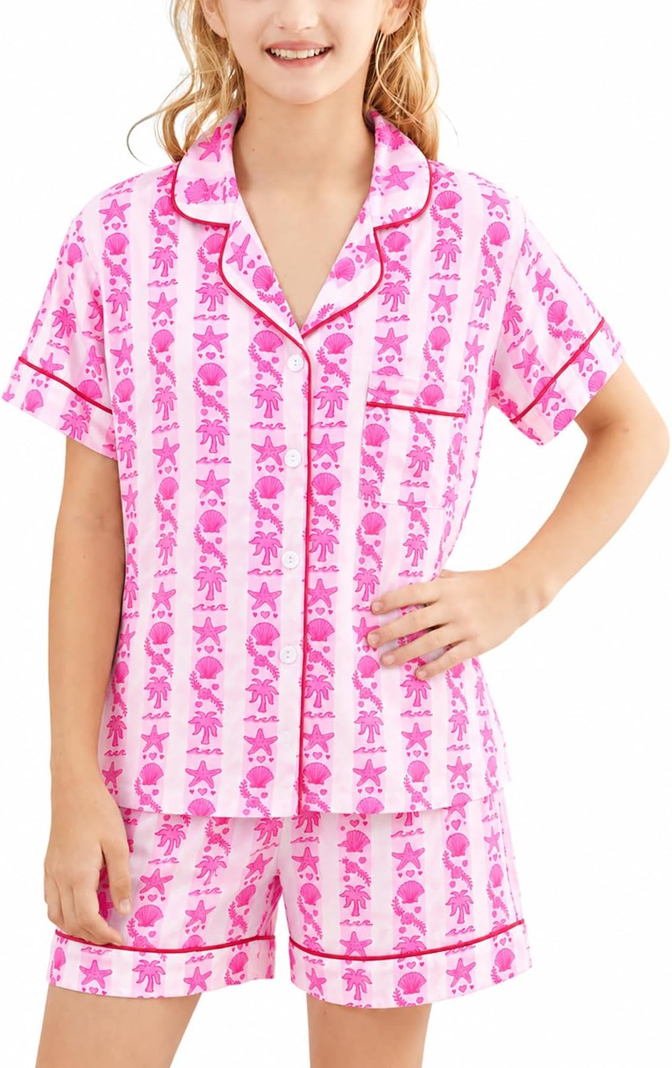 Zuafy Pajama Set 2 Piece Short Sleeve Cute Summer Holiday Sleepwear | Kids Y2k Tree PJs, Lightweight Soft Fabric, Button Down Preppy Collar, Sleepover Daily Lounge for Christmas Thanksgiving Gift