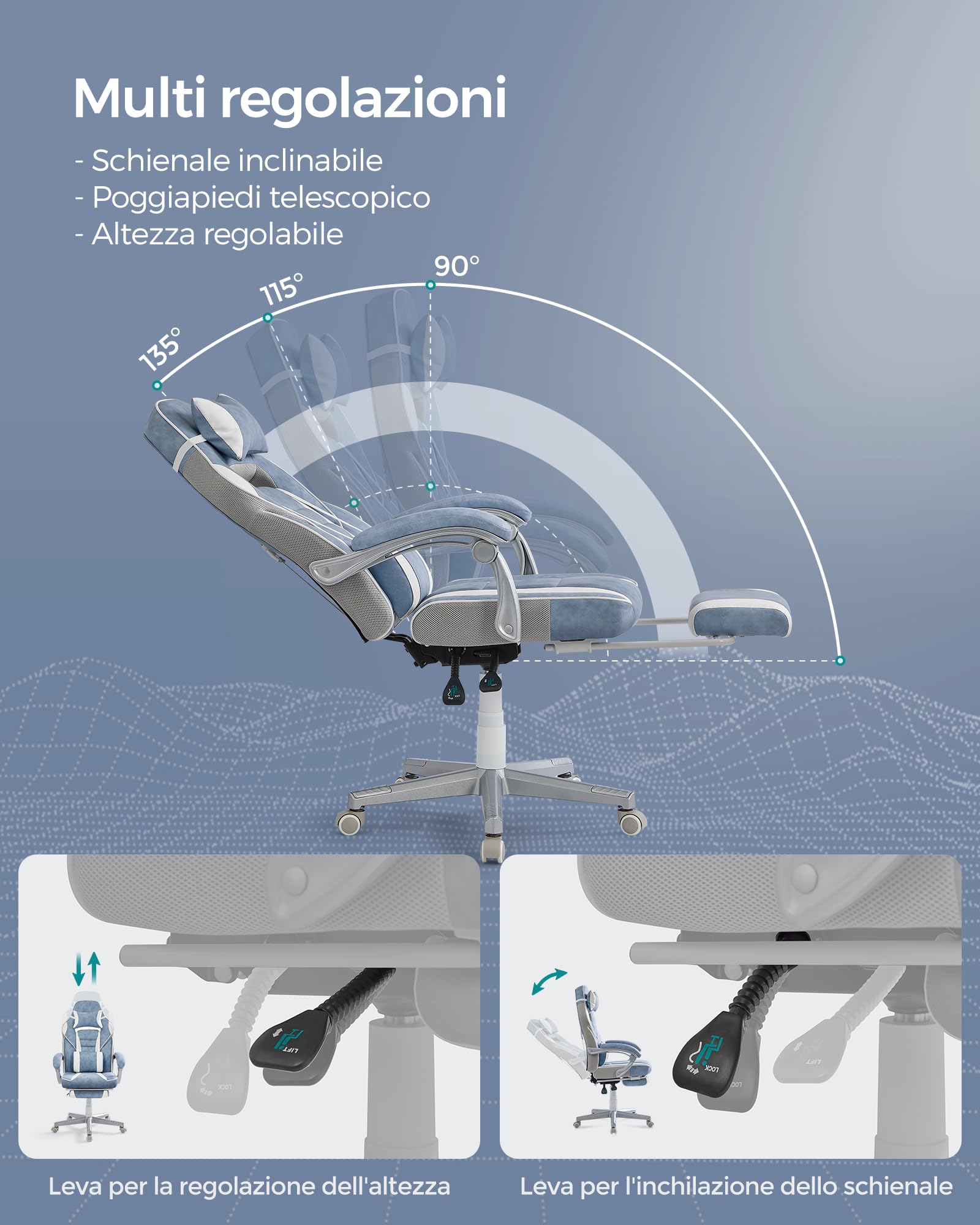SONGMICS Sedia da Ufficio, Poltrona Racing Ergonomica, Poggiapiedi Telescopico, Schienale Inclinabile, Poggiatesta e Supporto Lombare, Portante di 150 kg, Blu Turchino e Bianco Crema OBG073Q01
