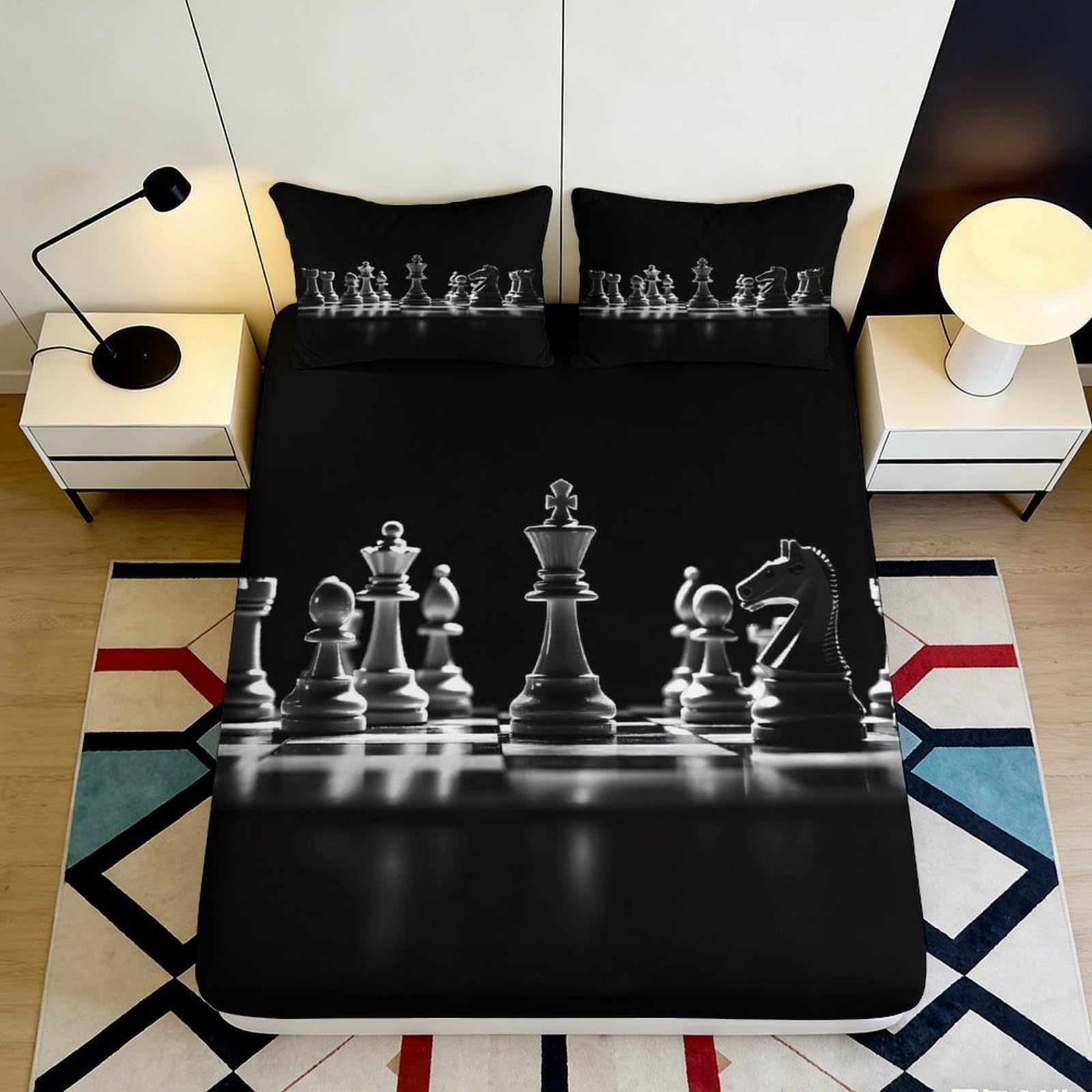 3D Printed Chess Style Fitted Sheet Microfiber Deep Pocket Elastic Hem Chess Pattern Mattress Fitted Cover Bedroom Bedding Washable 140x200x25cm