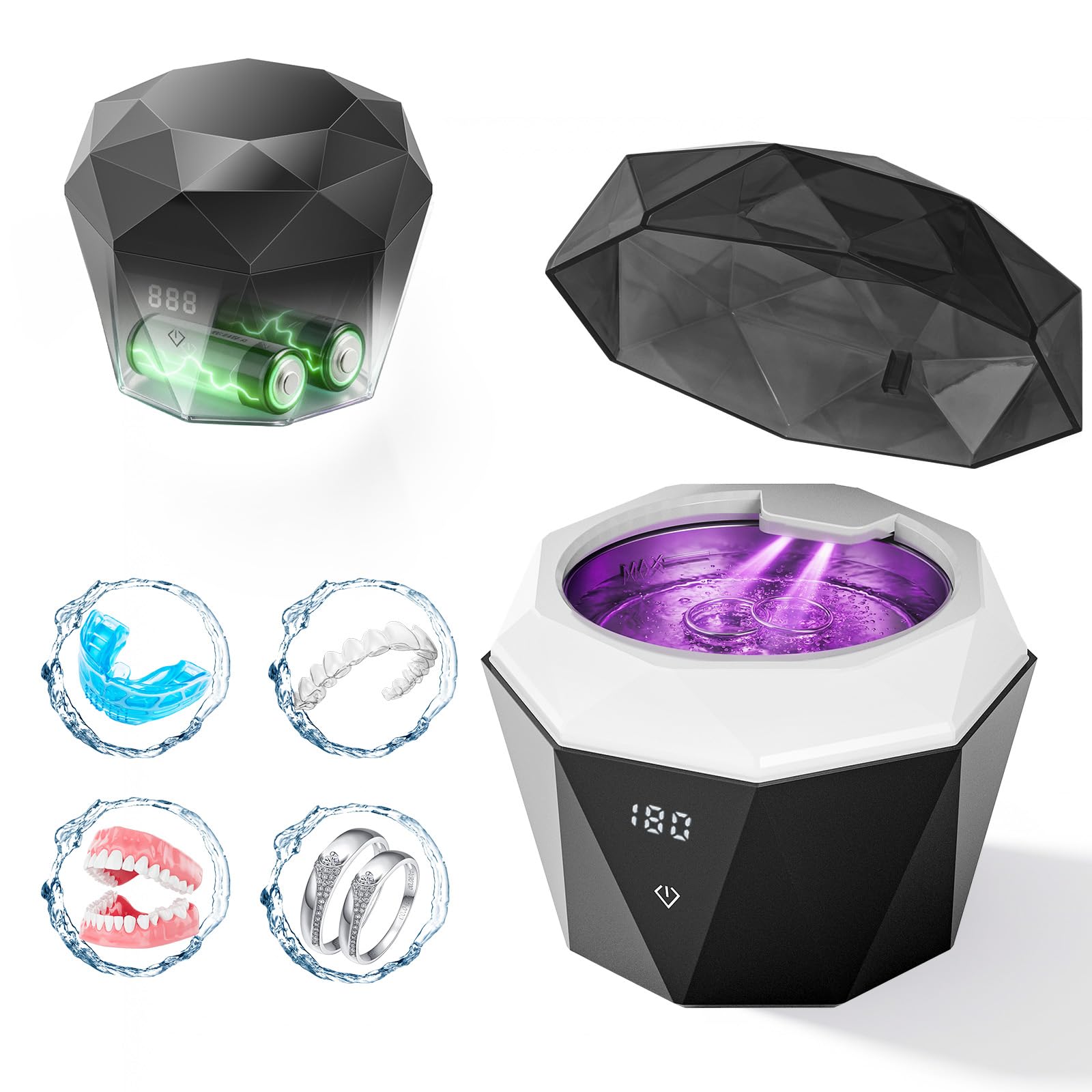 Dispositivo de limpieza por ultrasonidos 45 kHz máquina 180 ml U/V Dental Pod Retainer Cleaner para férulas dentales, raíles de mordedura, rieles de crujir, con función de temporizador
