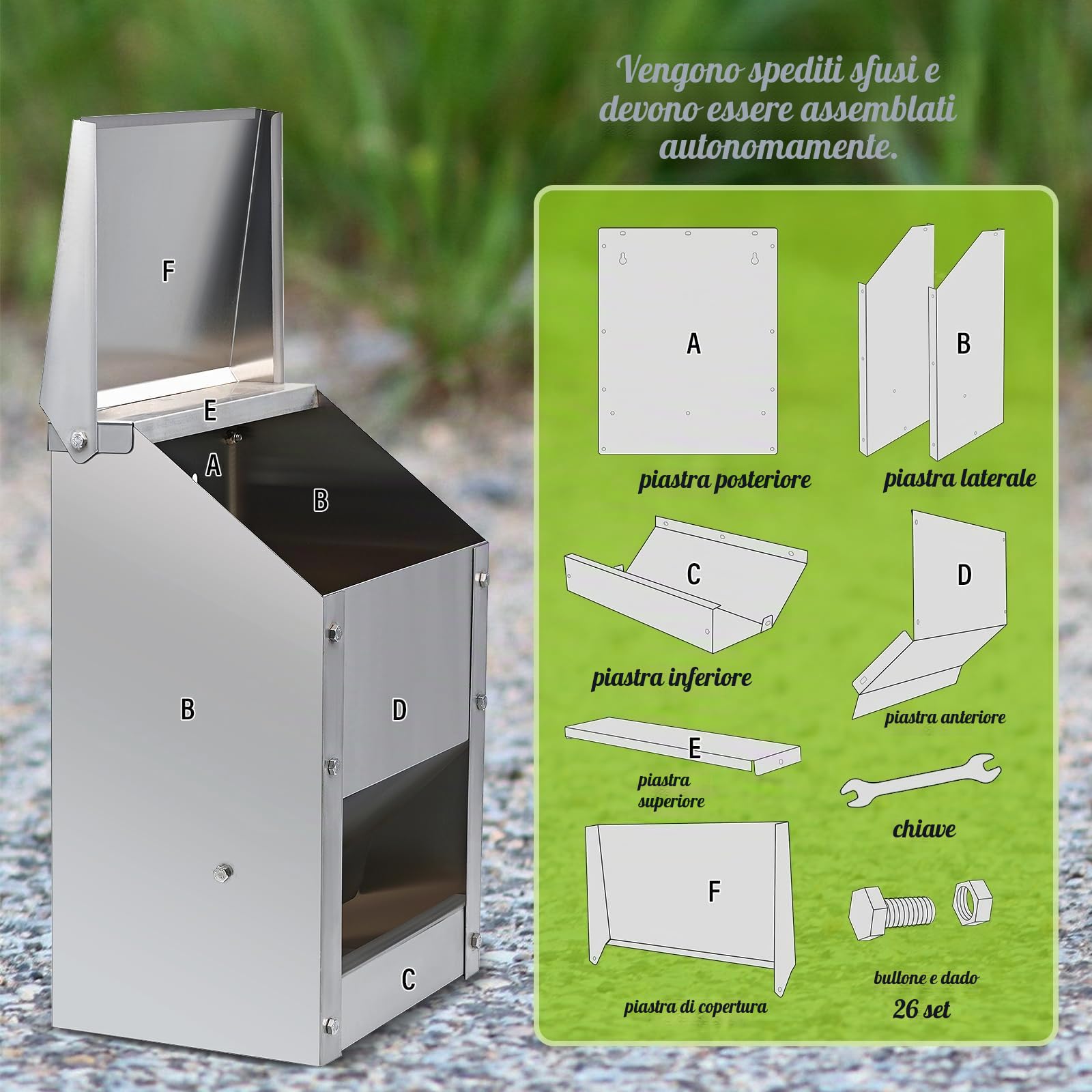 10L Alimentatore Per Polli In Acciaio Inox Senza Sprechi Alimentatore Automatico per Pollame con Coperchio Alimentatore da Parete Resistente Alle Intemperie Mangiatoia per Polli