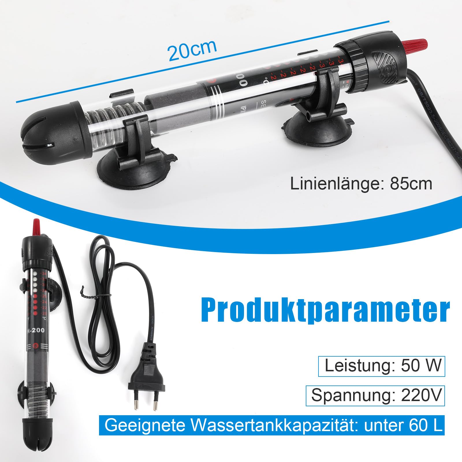 Heizstab Aquarium Heizung Mit Schutzhülle Einstellbare Thermometer Aquarienheizer für Fischtanks Thermostat für Fischtanks 60L (12-34°C, 50W)