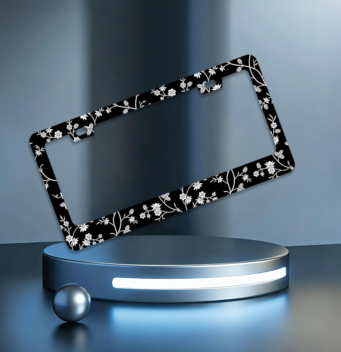 2 Pcs Black White Wild Flowers License Plate Frames - 2 Holes Stainless Steel Metal Auto Car Accessories Decoration License Plate Frame Cover Size 6.3" x 12.2" Fit US Vehicles for Women Men Gift
