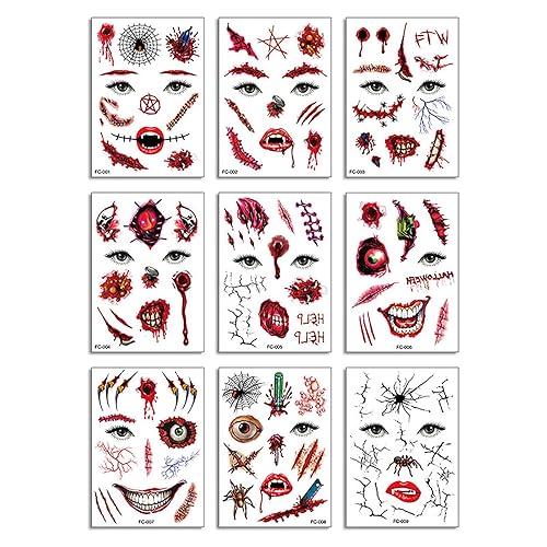 Miniatura 8 de 10 tatuajes temporales de maquillaje de broma de Halloween 2023 nuevos adultos niños payaso de terror tatuajes falsos calcomanías de tatuaje de cara