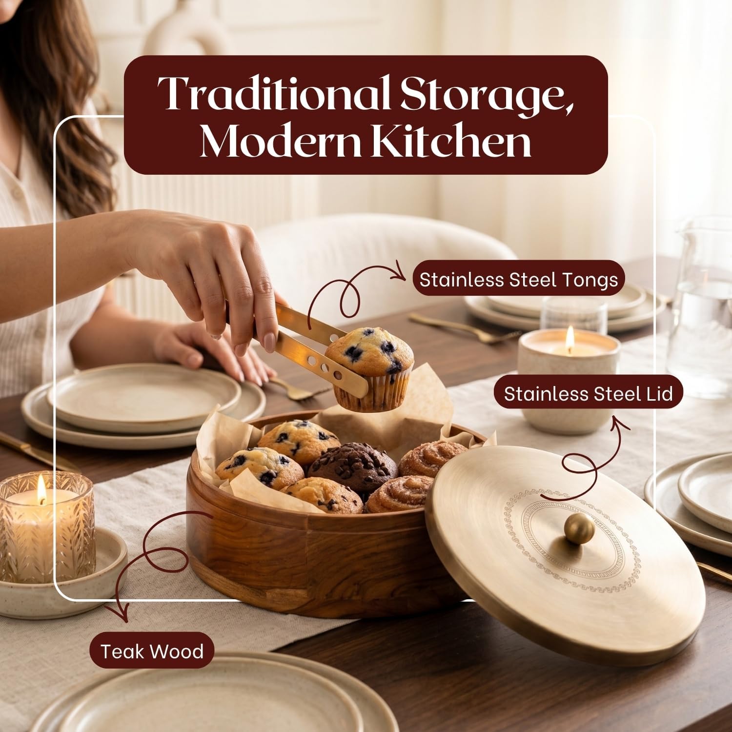nestroots Indian Wooden Tortilla Warmer - Round Teak Wood Tortilla Holder with Stainless Steel Lid & Tong- Bread Warmer, Pancake Holder & Roti Box - 9 Inches