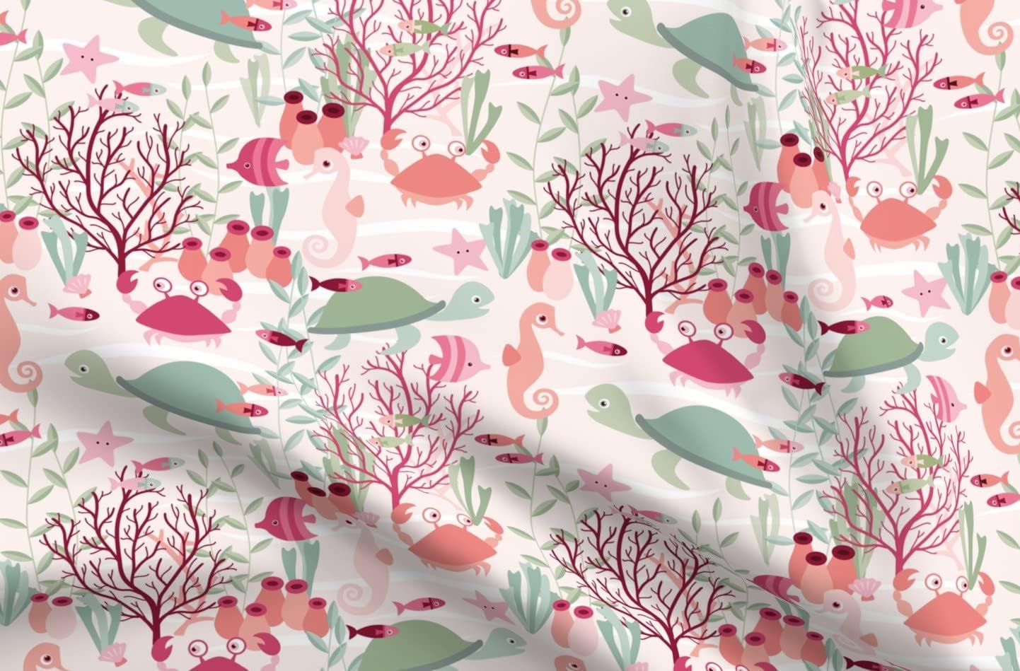Spoonflower Fabric - Life Reef Animals Sea Ocean Turtle Seahorse Aquatic Crab Girl Printed on Organic Cotton Sateen Fabric by The Yard - Sewing Quilting Apparel Home Decor
