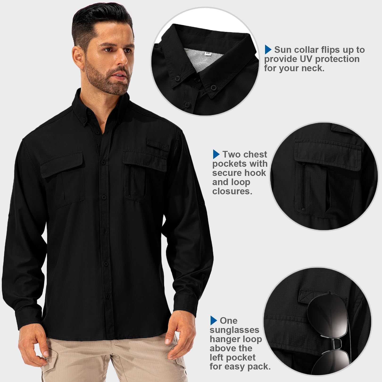mosingle Camisa de senderismo de manga larga para hombre, protección solar UV, safari, pesca, al aire libre, camisa de secado rápido, ligera, para caminar y viajar
