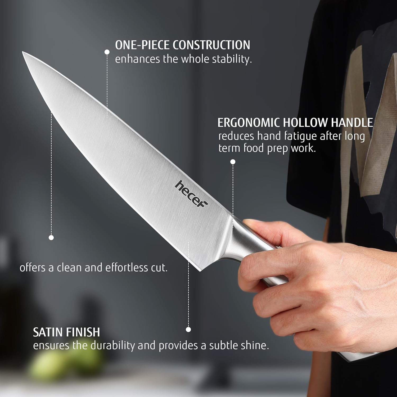 hecef Silver Kitchen knife set of 3, Satin Finish Blade with Hollow Handle, includes 8" Chef, 5" Utility and 3.5" paring knife - Image 4