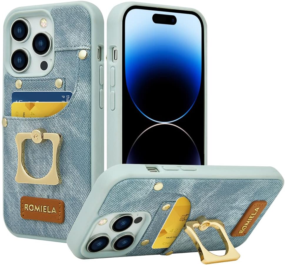 ROMIELA for iPhone 14 Pro Max Case Jeans with Card Holder Built-in 360° Rotate Ring Stand Shockproof Protective Kickstand Cover Case -Light Blue
