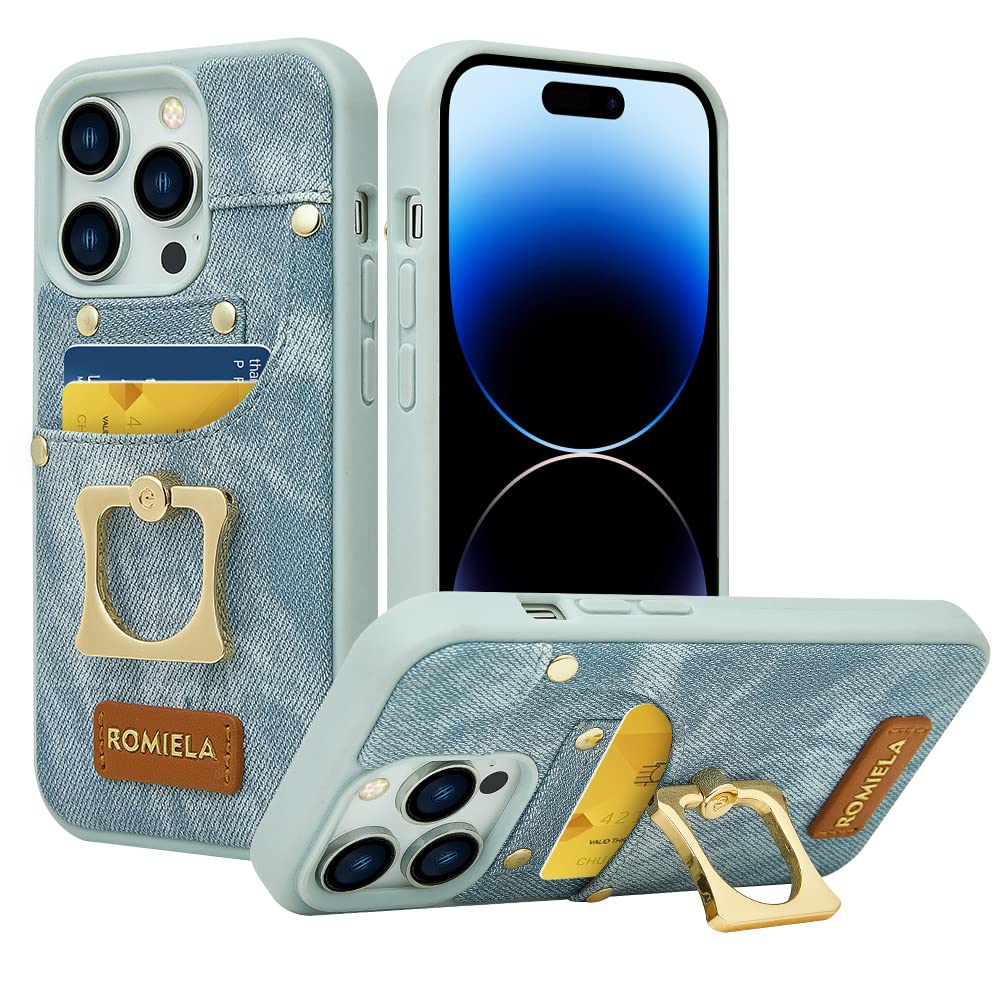 ROMIELA for iPhone 14 Pro Max Case Jeans with Card Holder Built-in 360° Rotate Ring Stand Shockproof Protective Kickstand Cover Case -Light Blue