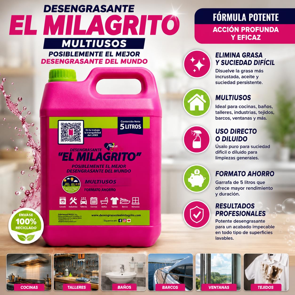 RASMACOR | El Milagrito Desengrasante 5 L | Pack 3 Unidades | Quitamanchas y Limpiador Multiusos | Para Cocina, Baño, Ropa y Taller