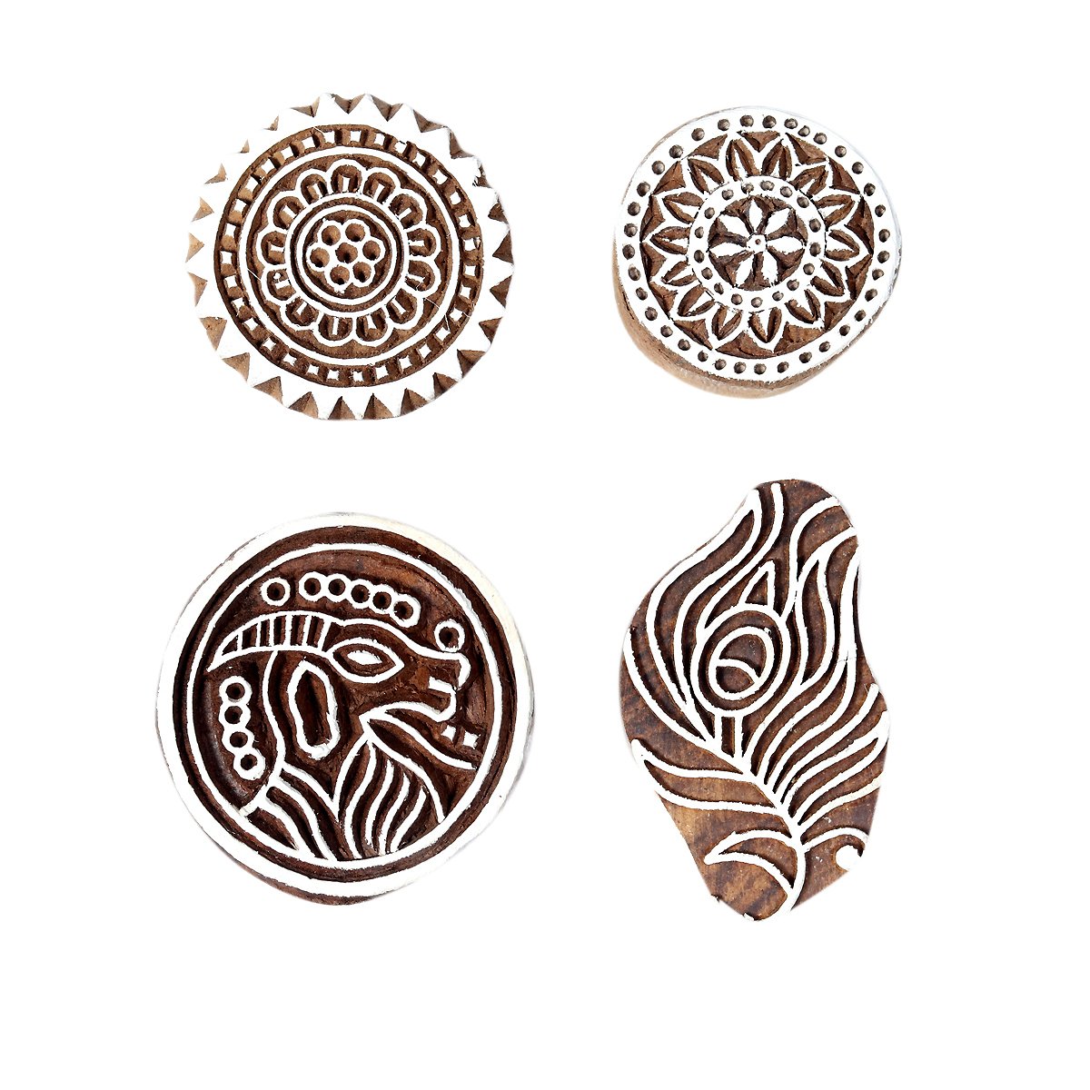 Set of 4 Round and Leafe Mughal Design Wooden Printing Stamp Block Hand