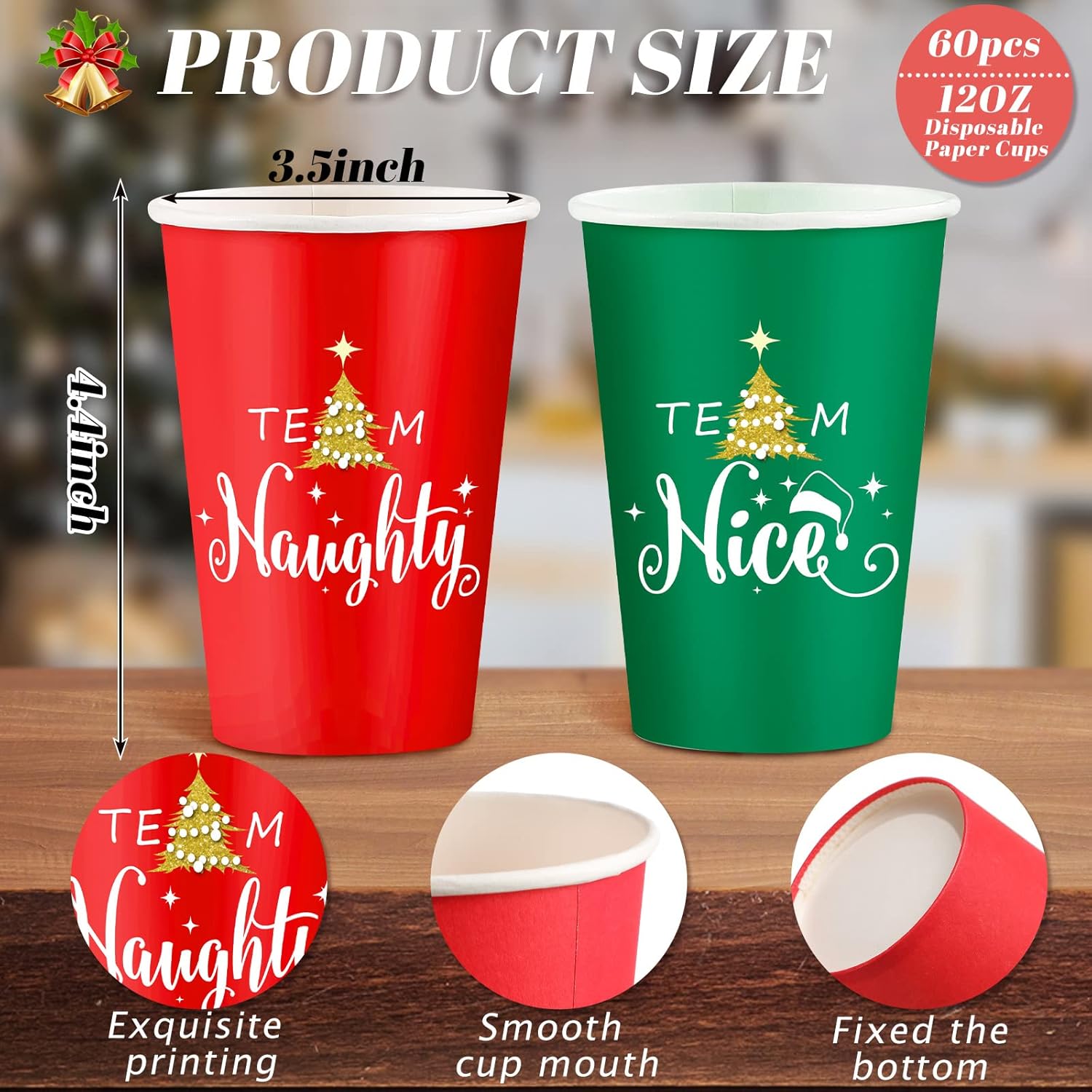 Funtery 60 Pcs 12 oz Christmas Paper Cups - Team Naughty or Nice Party Disposable Cups for Hot and Cold Beverages - Red Green Coffee Cup for Xmas Holiday Party Supplies (Pack of 2)