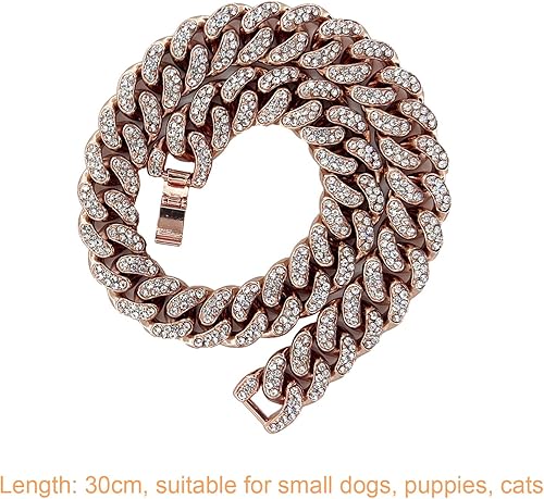 Miniatura 4 de Collar de metal con cadena de oro rosa para perro, 0.394 pulgadas de ancho, collar de aleación de diamante cubano, lindo collar de moda para