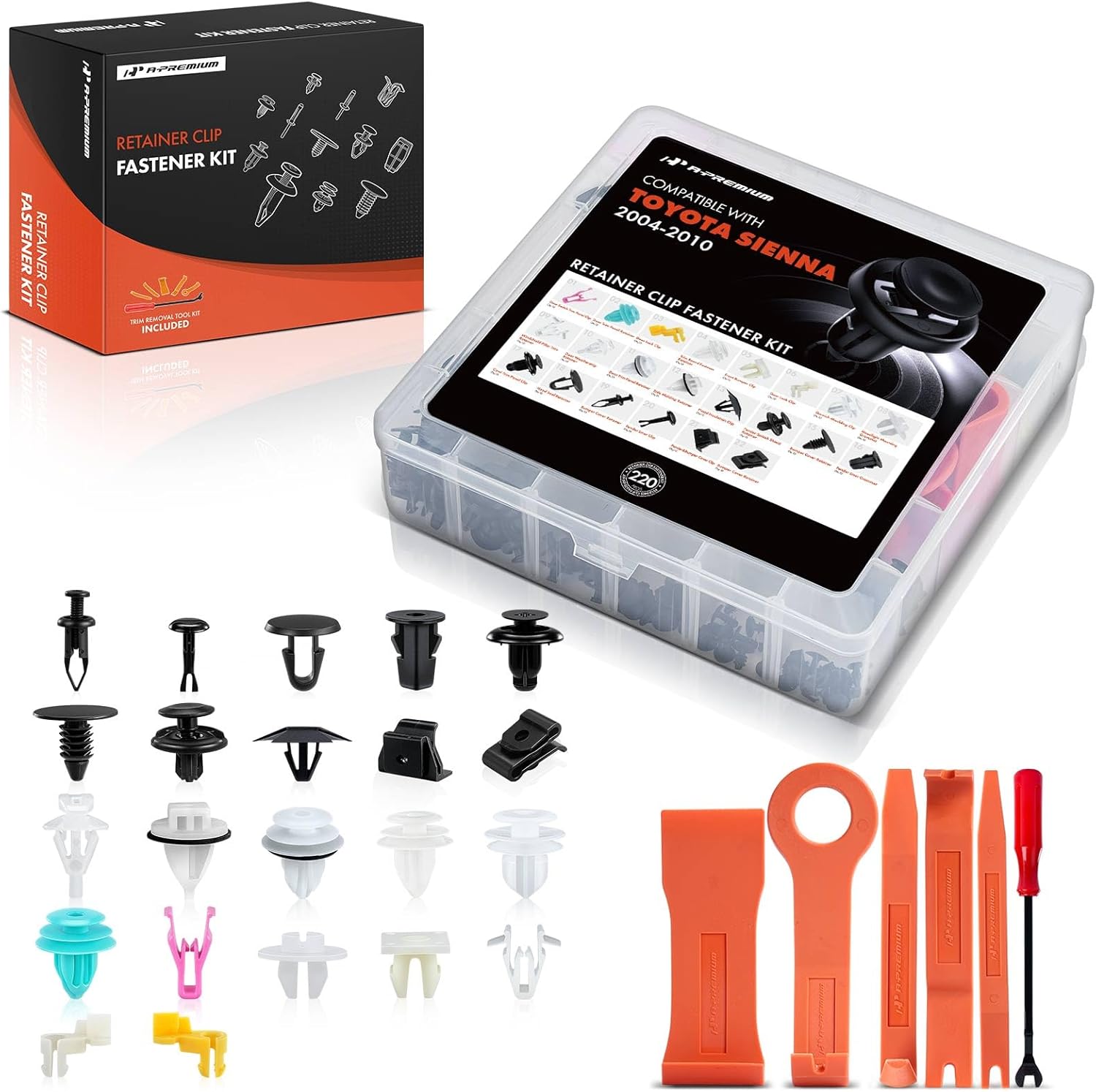 A-Premium 22 Sizes 42.24oz Bumper Fender Hood Retainer Clips Kit Compatible with Toyota Sienna 04-10 Door Trim Weatherstrip Liner Car 220PCS Plastic Rivets Fasteners Push Retainer Kit, w/Removal Tool