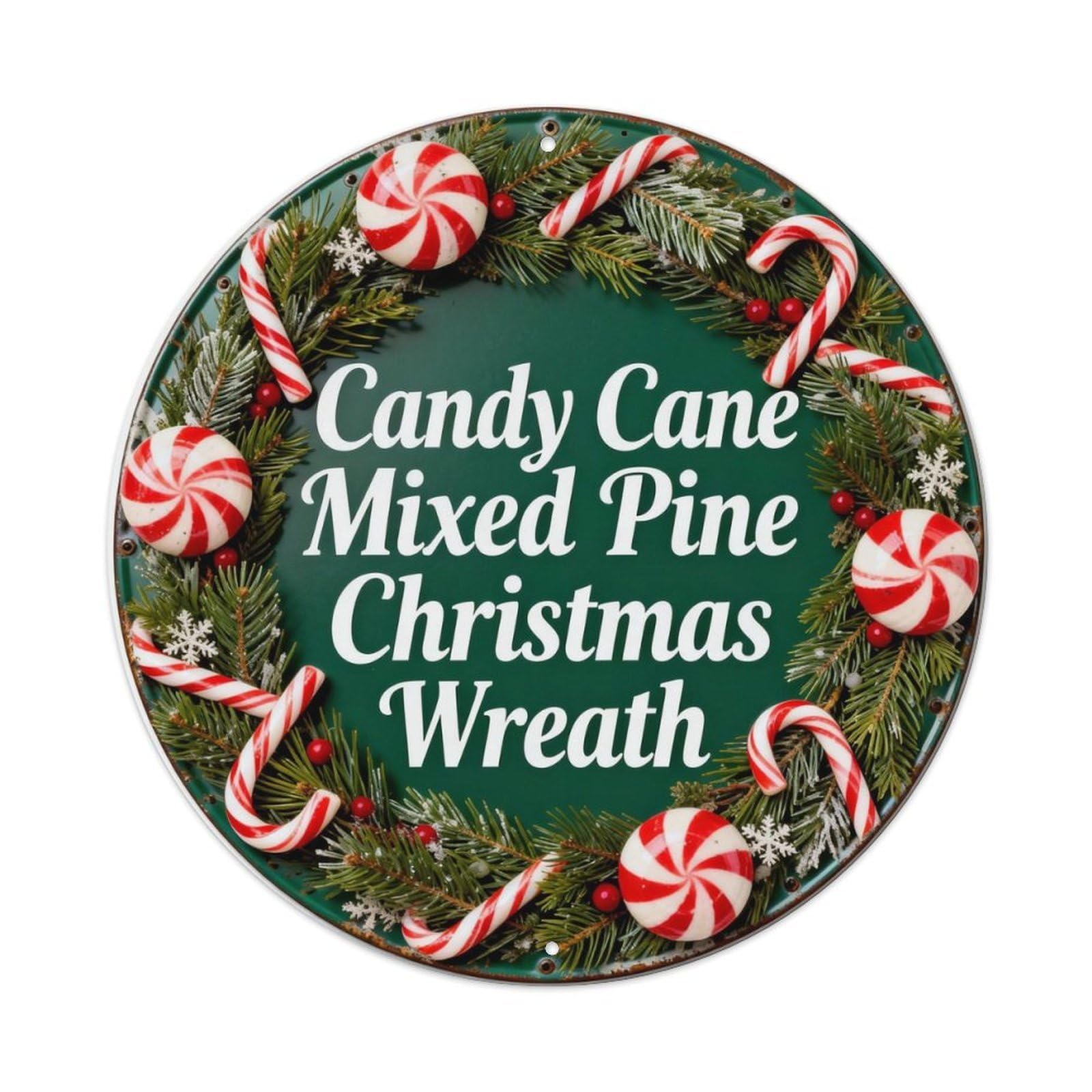 Candy Cane Mixed Pine Christmas Wreath Metal Tin Sign Plaque