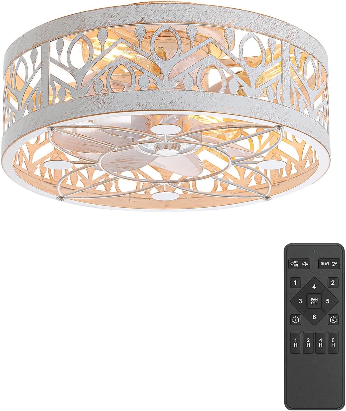 Caged Ceiling Fan with Light, 16.5-inch White Enclosed Fans with Remote Control, Flush Mount Low Profile Reversible DC Motor, Quiet Bladeless Fan for Indoor Bedroom Living Room Kitchen