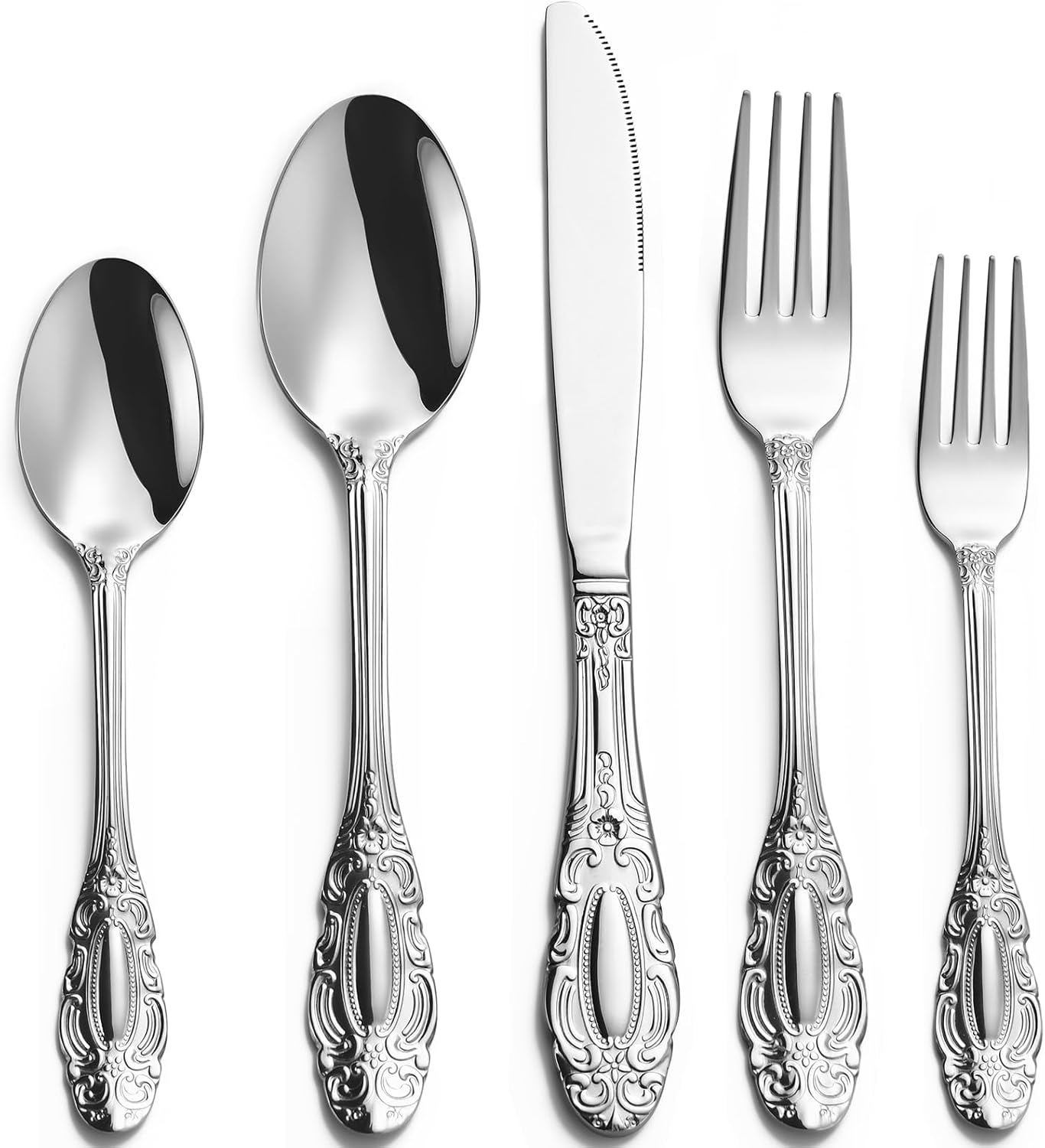 VIRIBY Vintage Silverware Set for 8, 40-Piece Stainless Steel Flatware Set with Thick Handle, Royal Retro Style Cutlery, Mirror Polished Silverware for Home, Restaurant, Wedding, Dishwasher Safe