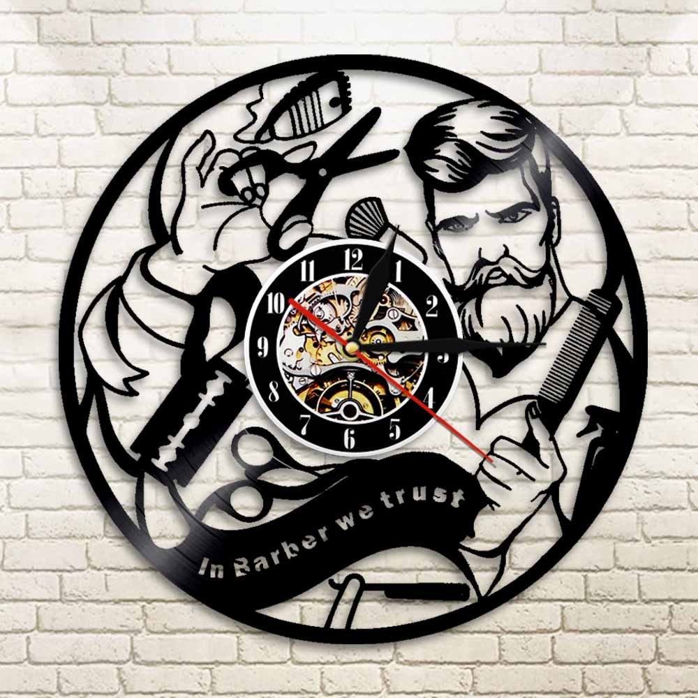 ELD Barber Shop znak ścienny zegar ścienny fryzjer płyta winylowa zegar ścienny salon fryzjerski dekoracyjny nowoczesny zegar hipsterski prezent średnica 30 cm 7 kolorów zmienna płyta ścienna zegary