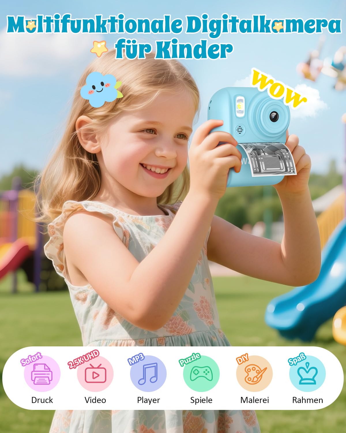 Sofortbildkamera Kinder 2.5K mit 32GB Karte & Druckerpapier, Vorder- und Rückkamera, Geschenk für Jungen Mädchen 3-12 Jahre (Blau)