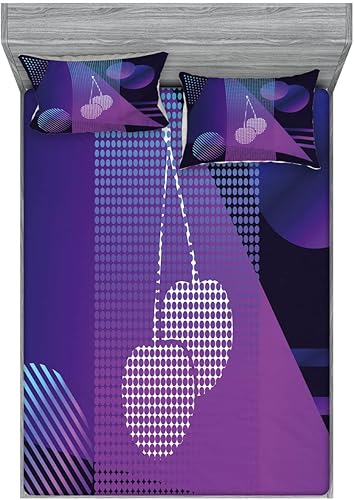 Ambesonne Synthwave 2 Pack Fitted Sheet & Pillow Sham Set, Shapes Dots and Cherry, 4 Pcs Bedding Decor, Package Contains 2 Calking Size Fitted