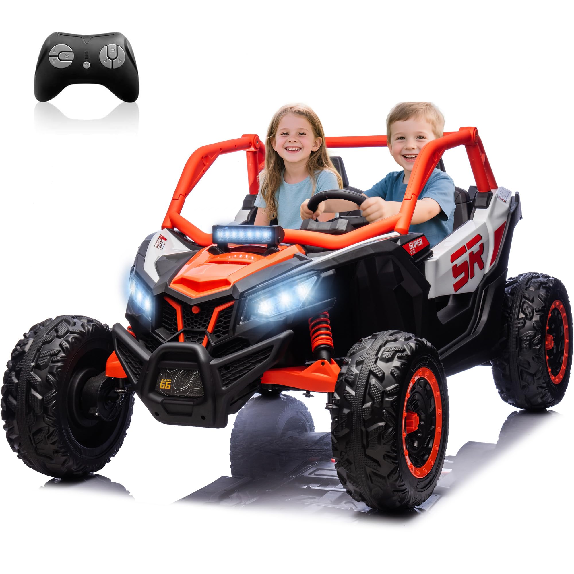 24V 7AH XXXL 2 Seater Power Wheels for Big Kids, 25" 4WD Largre Kids' Electric Vehicles with Remote Control for Girls and Boys, UTV Ride On Car for Kid, EVA Tires, Spring Absorbers, Orange