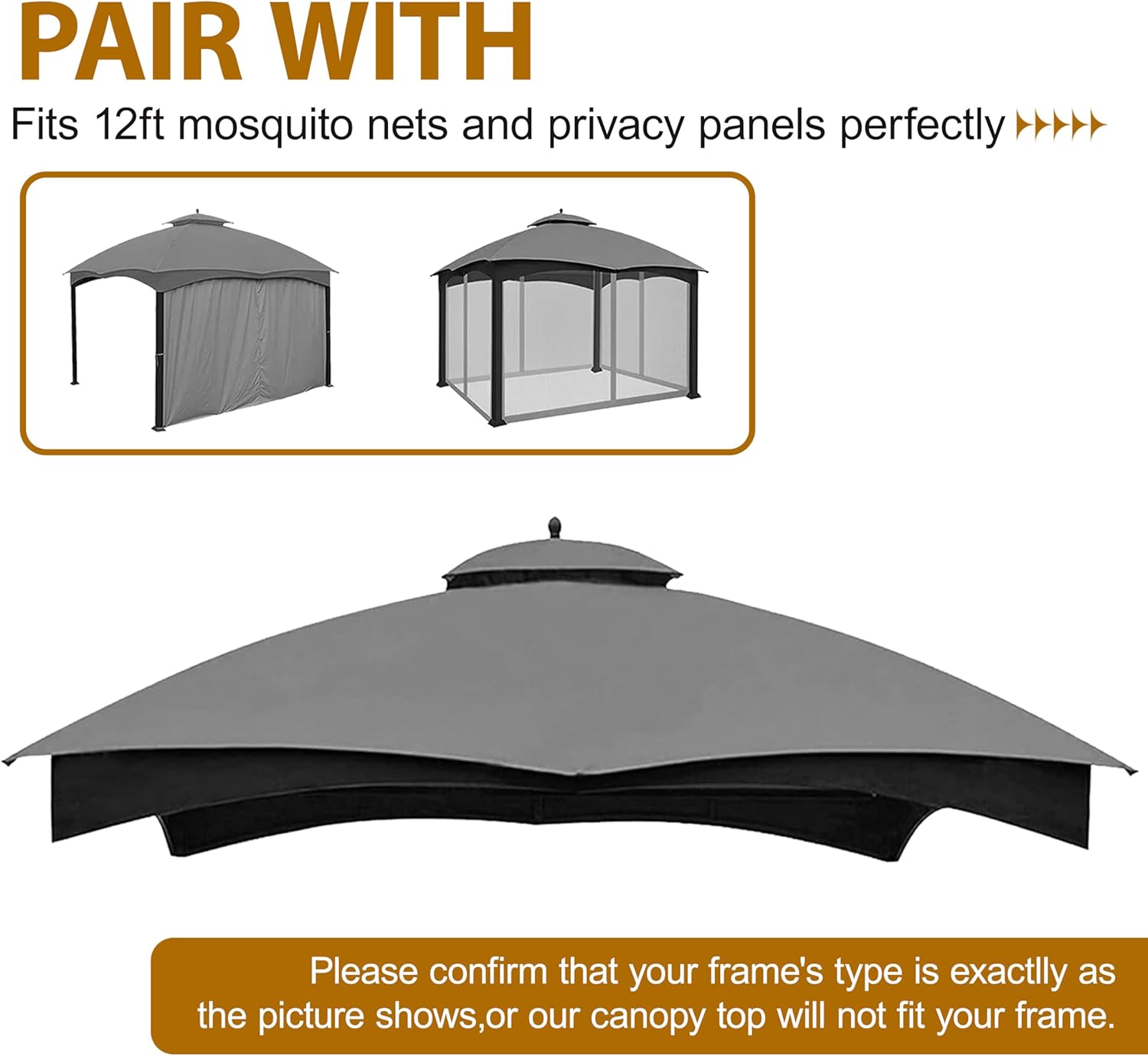 Coastshade Replacement Gazebo Canopy Top for Lowe's Allen Roth Heavy Duty Roof Gazebos Top with Mesh,10x12 Gazebo Cover #GF-12S004B-1, Replacement Top Only (Gray)