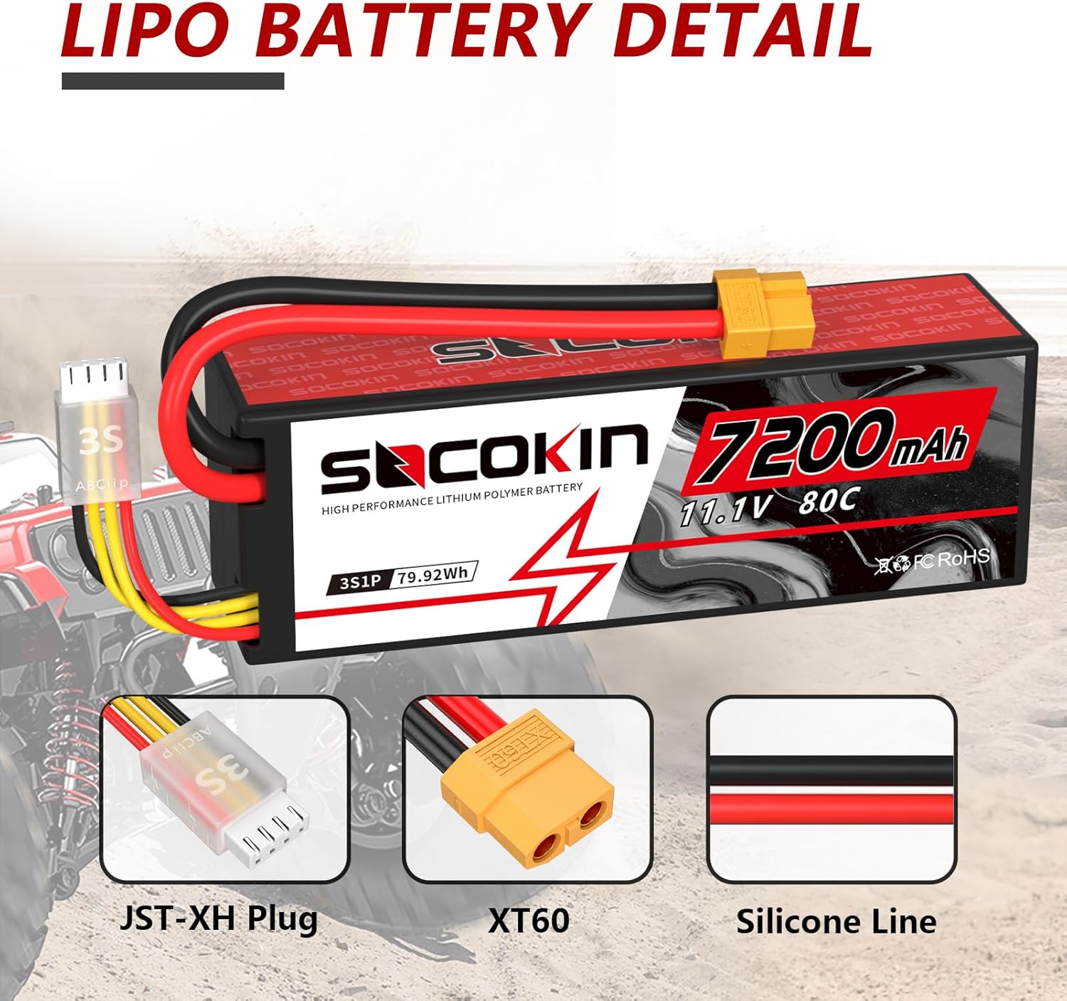 3S 11.1V Lipo Battery 7200mAh 80C Lipo Battery with Hard Case XT60 Plug for RC Racing Truck Boat Car Racing RC Heli Airplane and Slash 1/10 Scale Racing Truck (2 Pack)