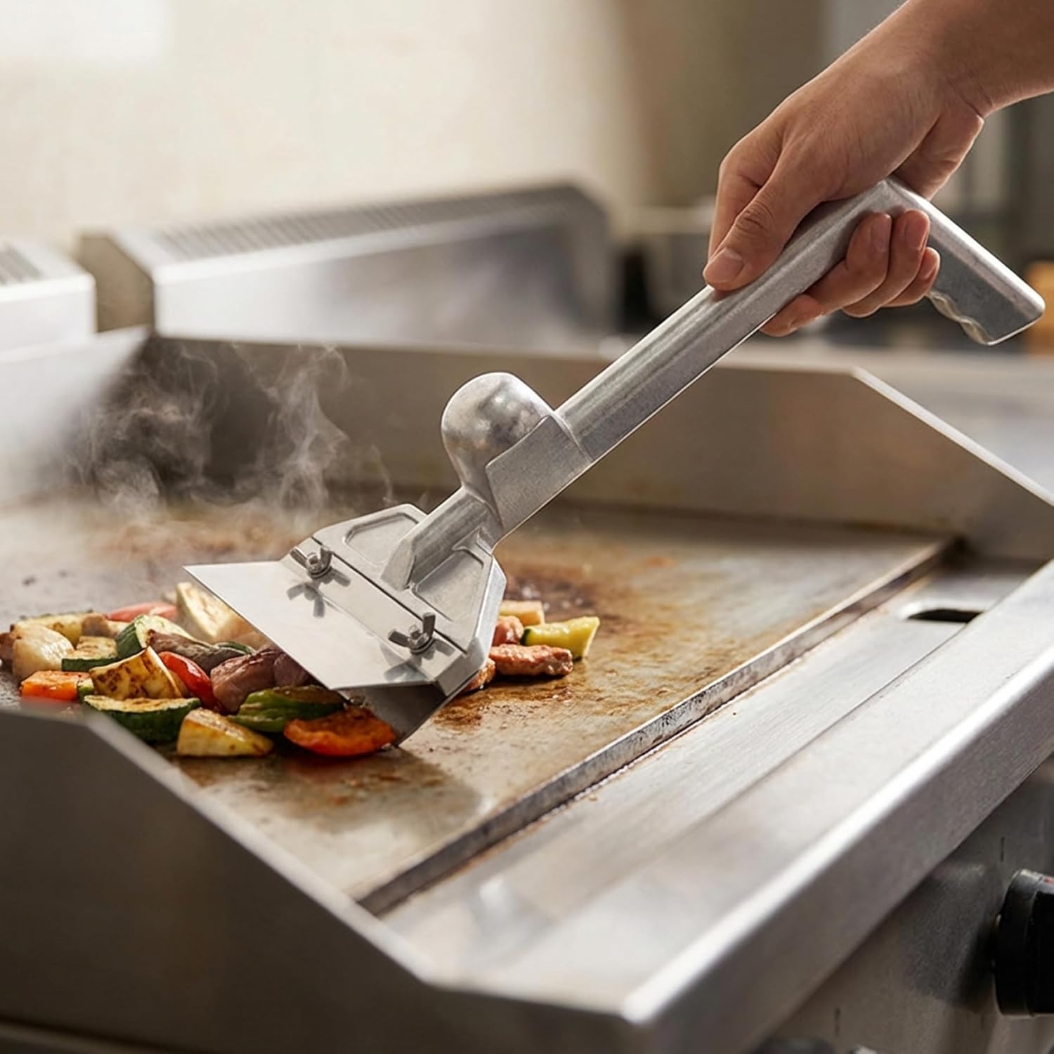 Grill Scraper and Griddle Scraper with Quick-Release Blade Ergonomic Handle for Flat Top Grill Heavy Duty Aluminum Alloy BBQ Tool for Kitchen and Restaurant Use Griddle