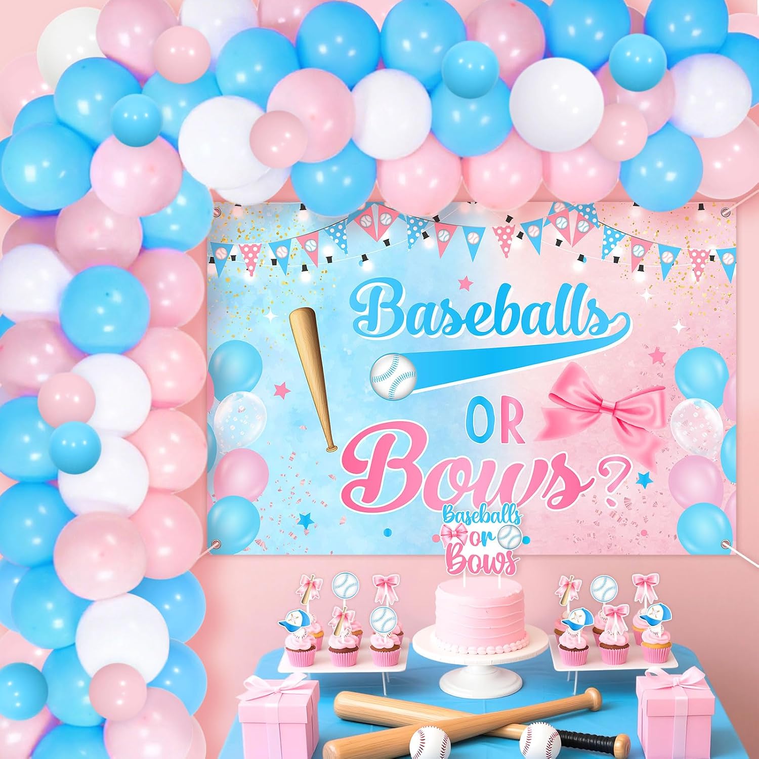 Baseballs Or Bows Gender Reveal Decorations Blue Pink Baseballs Or Bows Backdrop Banner Baseball Bow Cake Cupcake Topper Sport Baby Shower Boy Girl Pregnancy Reveal Balloon Garland Arch Decor