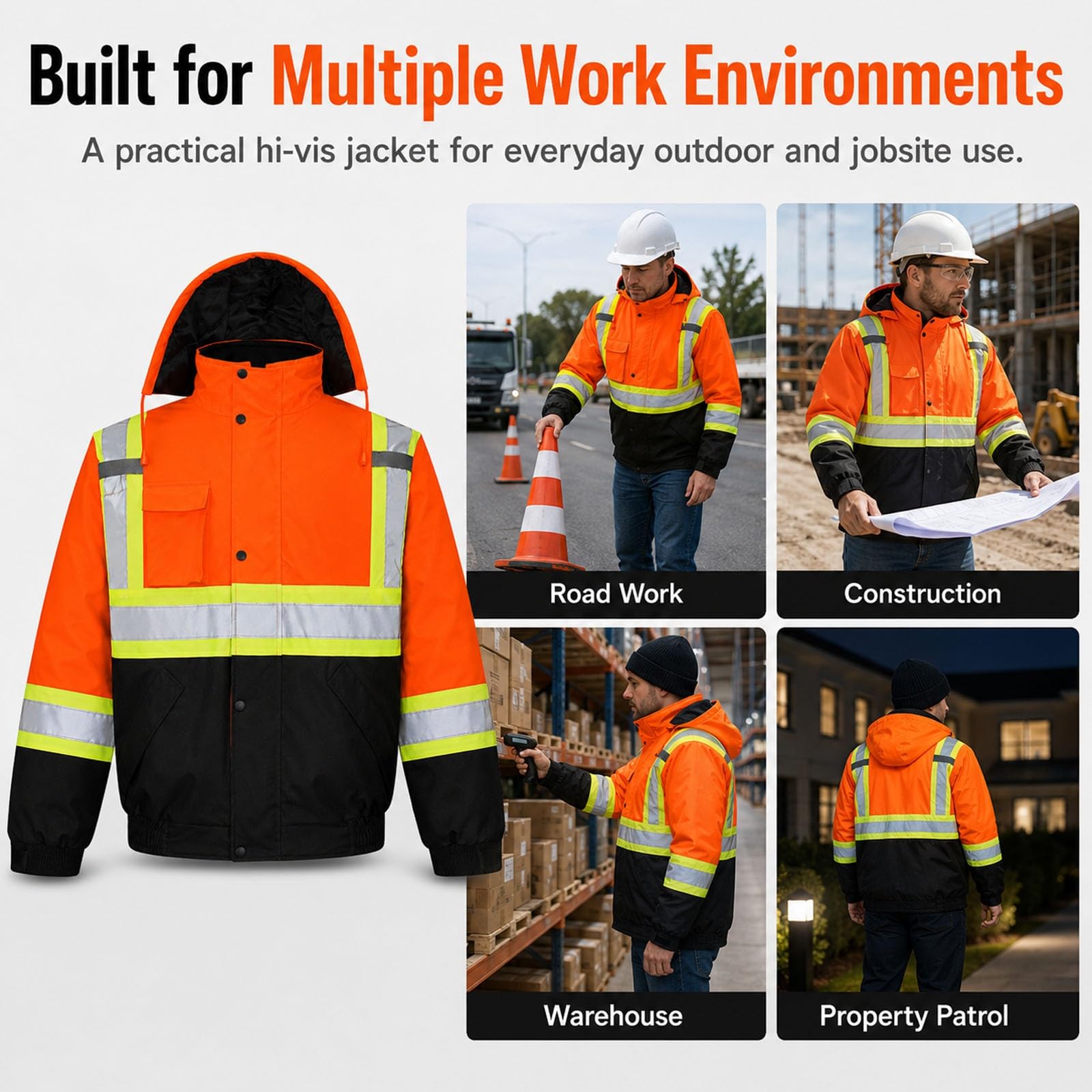 Chaqueta Impermeable De Alta Visibilidad Con Capucha Y Diseño Reflectante | Abrigo De Trabajo De Seguridad Cortavientos Con Relleno Grueso De Algodón, Tejido Oxford, Bolsillos, PUños(Yellow,L)