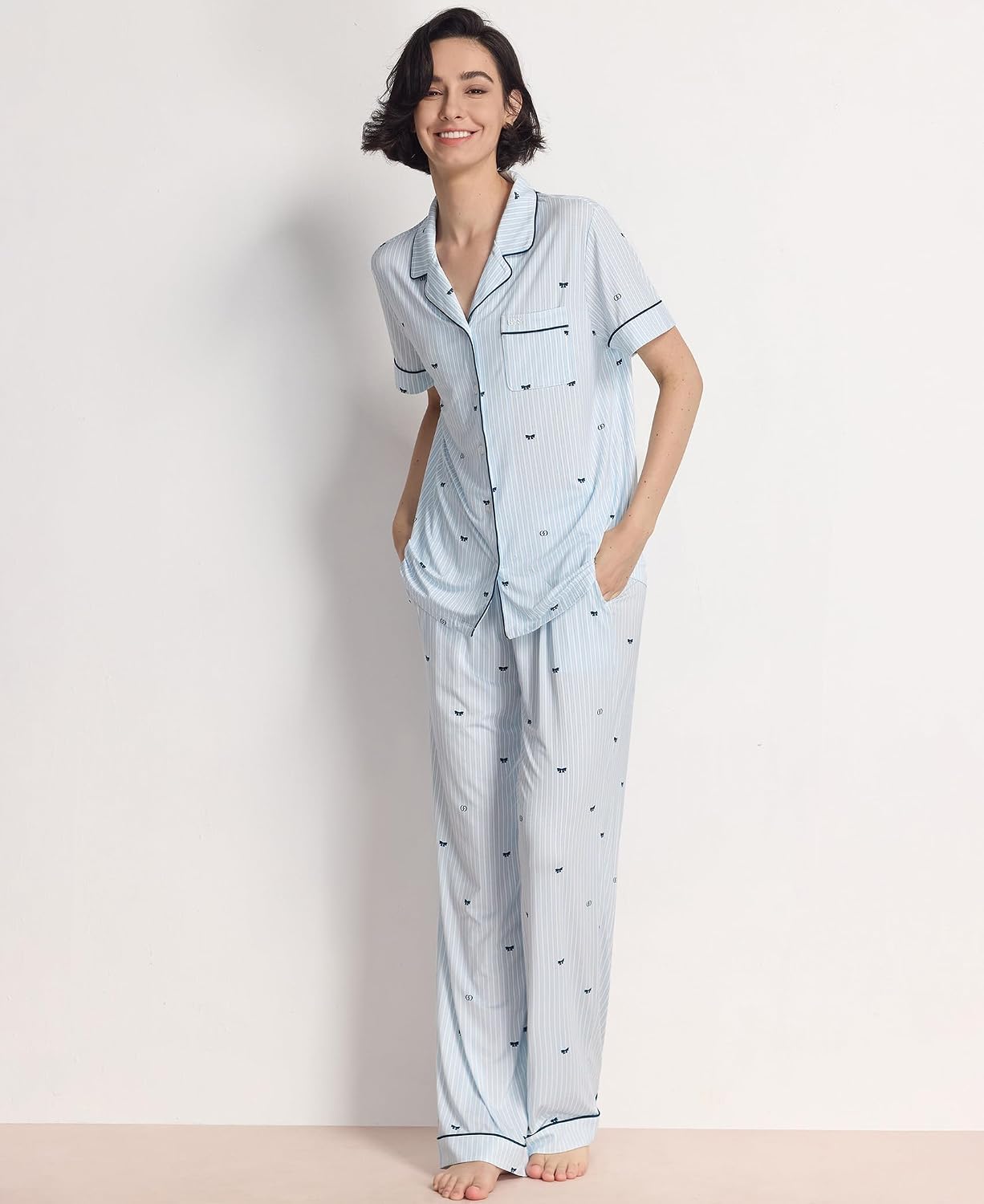 GYS Women's Pajama Set Bamboo Viscose Notch Collar Button Down Short Sleeve Top with Pants 2 Piece Sleepwear