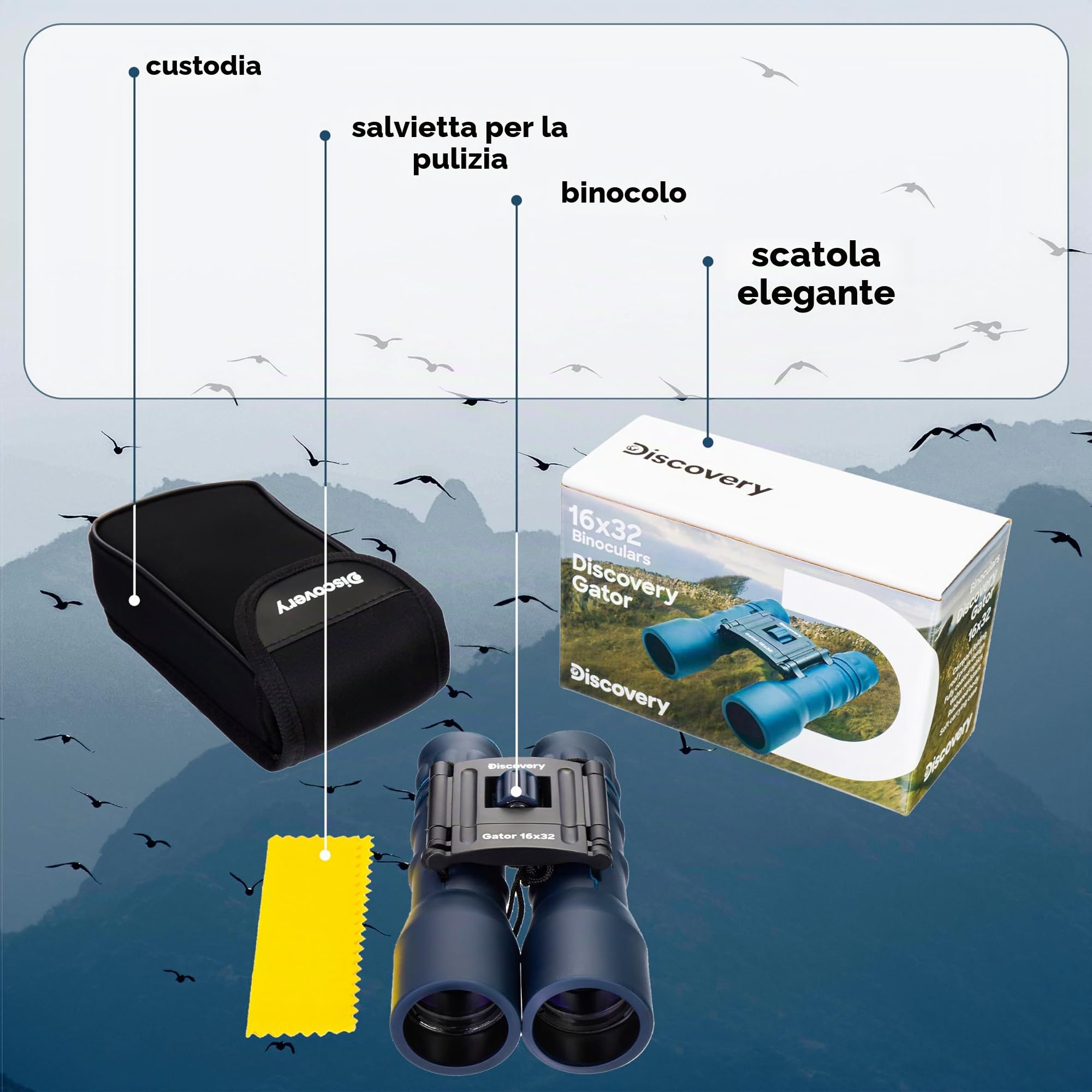 Discovery Gator 16x32 Binocolo Tascabile Da Viaggio, Perfetto Per Il Birdwatching e L’Osservazione Della Fauna, Il Turismo, L’Escursionismo, I Concerti e Gli Eventi Sportivi | Ottiche BK-7 Multistrato, Con Cinghia e Custodia, Ideale per Birdwatching, Osse