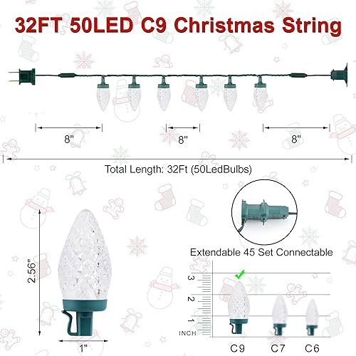 Miniatura 5 de Luces de Navidad C9 LED para exterior, 50 LED, 32 pies, luces de cadena C9 para Navidad, bombillas de fresa enchufables, conectables, certificadas