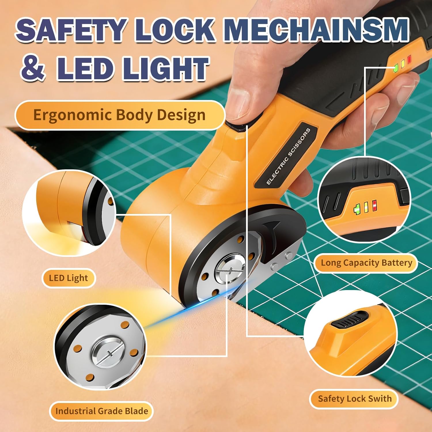 Electric Scissors, Cardboard Box Cutter with Safety Lock & LED Light, 2000mAh Battery, Tungsten Steel Blade, Storage Bag and Box, Suitable for Fabric Carpet Carton Plastic Leather Cloth