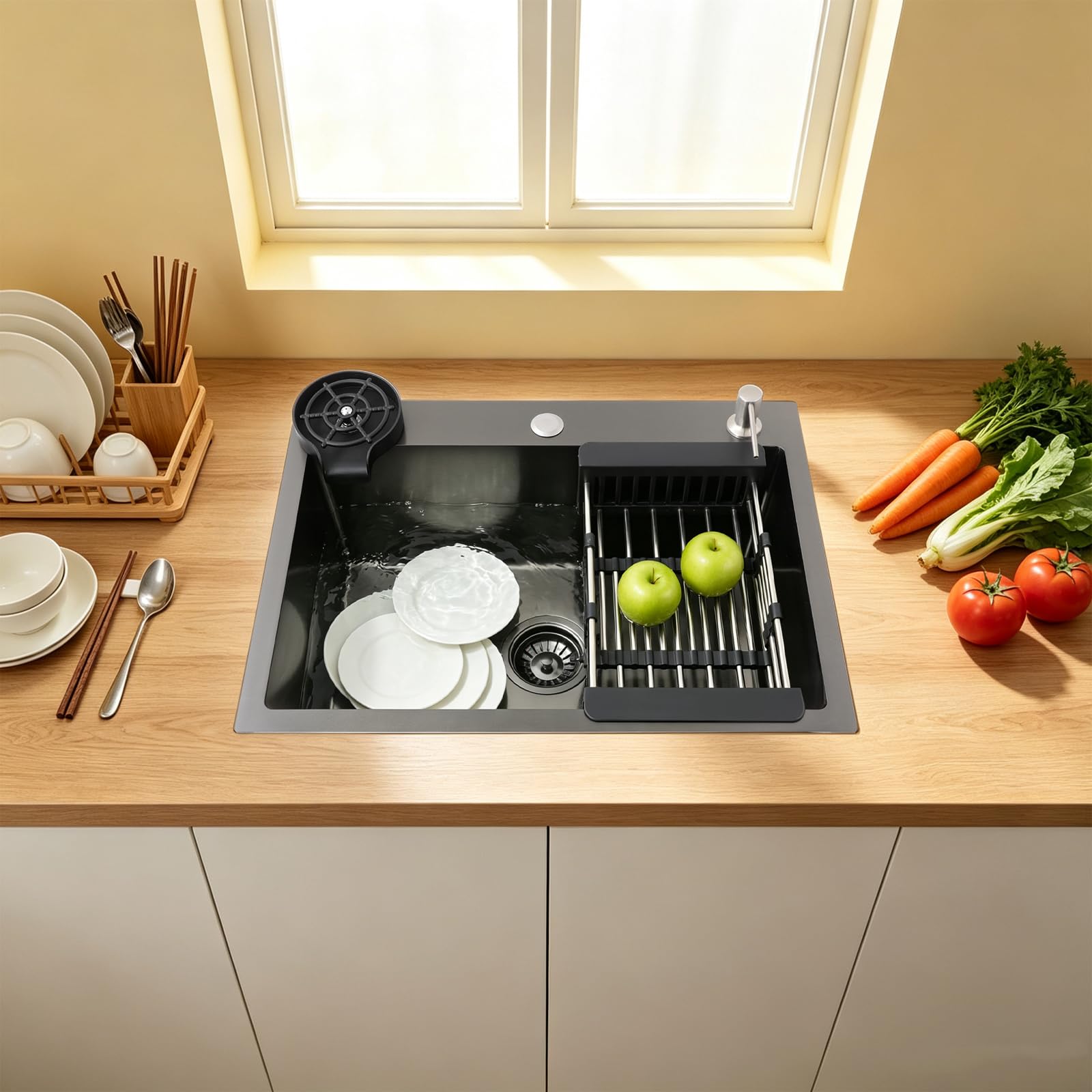 Lavello da cucina da incasso, 60 x 45 cm, in acciaio inox, con rubinetteria
