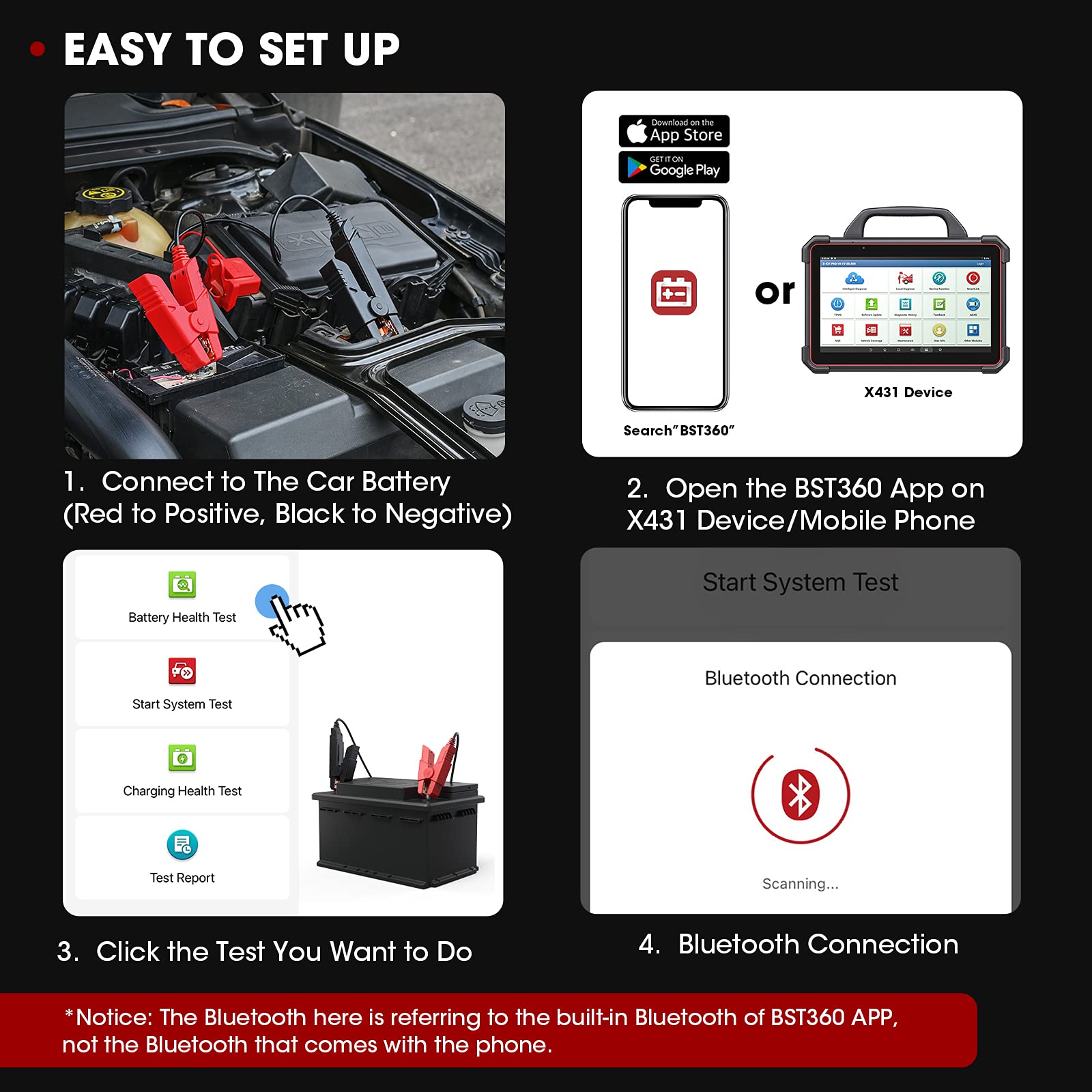 LAUNCH BST360 Testeur de Batterie Voiture 12V, 100-2000 CCA Bluetooth Outil Analyseur de Batterie Auto, Tests de Santé de Charge pour Voiture Camion Moto ATV SUV Bateau Yacht