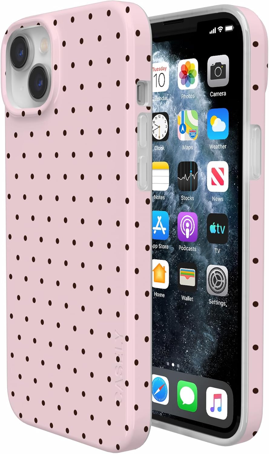 Casely iPhone 14 Plus Case | On the Dot | Pink & Brown Polka Dot | Compatible with MagSafe | Classic Ultra Slim Design