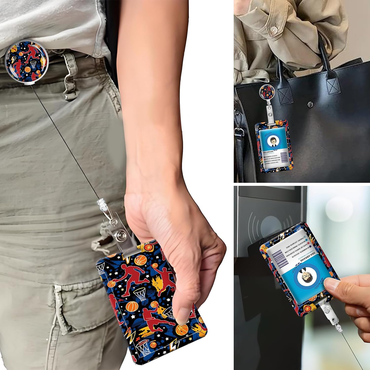 ID Badge Holder with Retractable Badge Reel, Lanyard and Keychain, Beige Floral ID Card Holder with Carabiner Clip for Nurses, Teachers, Students and Office Staff (Basketball Player) image 3
