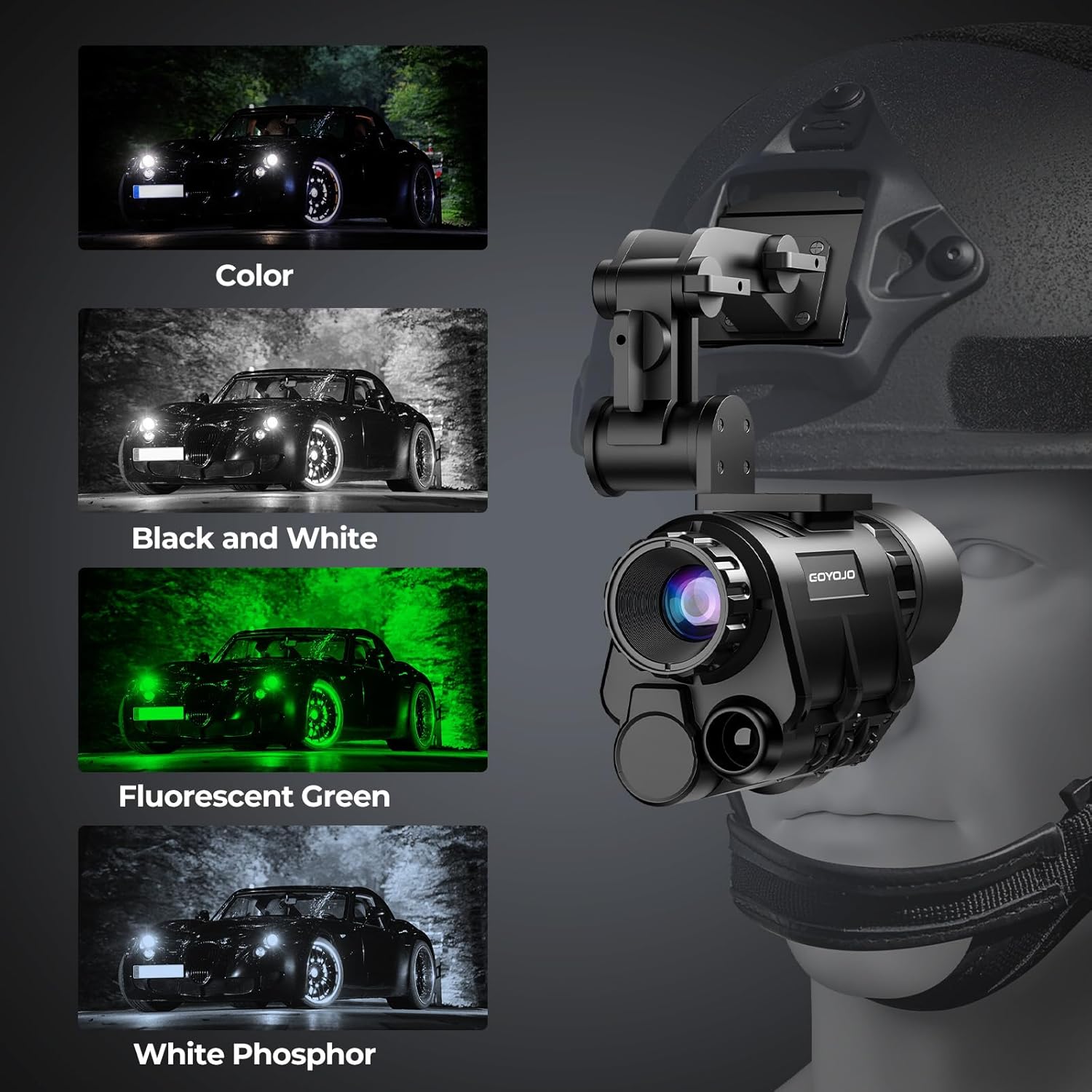 GOYOJO NVG 2K Night Vision Goggles for Adults - Helmet Mounted Night Vision Monocular with 4 Color Modes 4X Magnification, HD Recording & Playback for Hunting Surveillance (Helmet Included), Balck